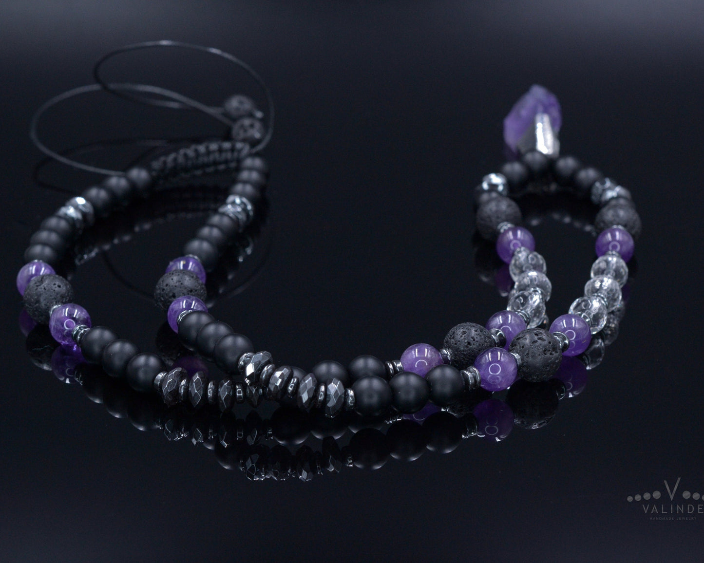Men's Amethyst Adjustable Necklace - Raw Crystal Pendant Necklace - Black Onyx Lava Stone Necklace - Long Beaded Necklace - Gift for Men- Shamballa Necklace - Birthstone Necklace - Gemstone Necklace Men - Chakra Necklace - Macrame Necklace  - Healing Necklace - Valinde