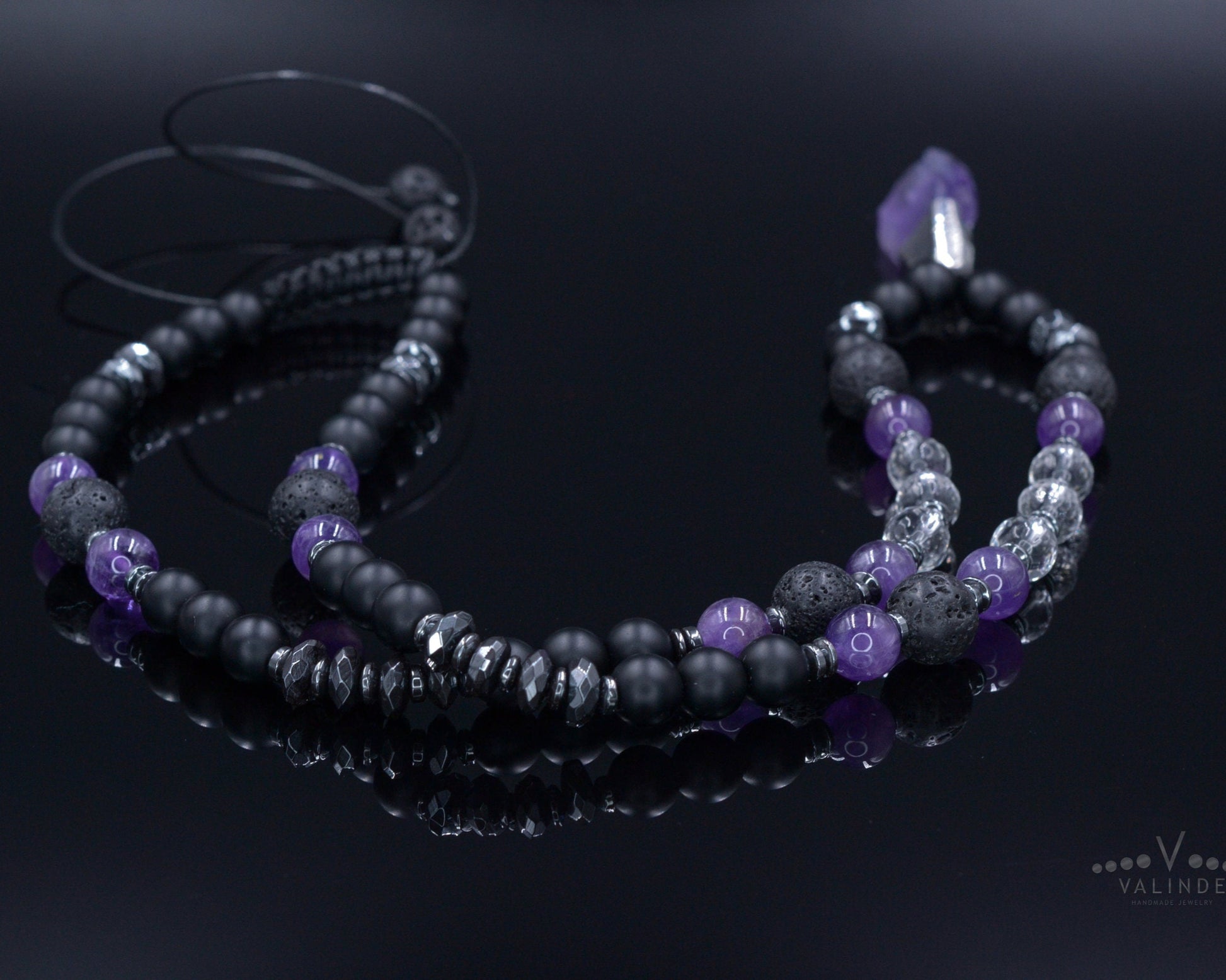 Men's Amethyst Adjustable Necklace - Raw Crystal Pendant Necklace - Black Onyx Lava Stone Necklace - Long Beaded Necklace - Gift for Men- Shamballa Necklace - Birthstone Necklace - Gemstone Necklace Men - Chakra Necklace - Macrame Necklace  - Healing Necklace - Valinde