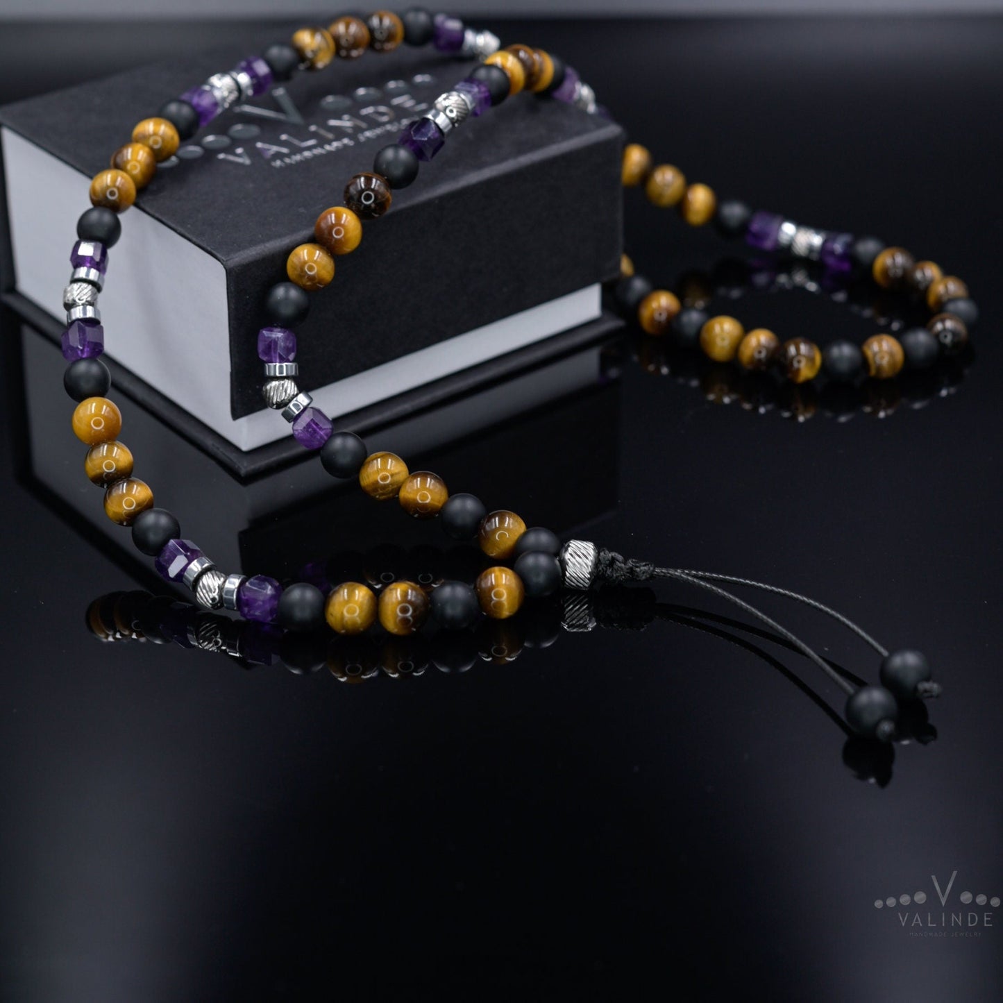 Tiger's Eye Long Necklace, Men's Amethyst Crystal Necklace, Steel Beaded Necklace, Gift for Men, Father's Day Gift, Black Onyx Necklace - Shamballa Necklace - Birthstone Necklace - Gemstone Necklace Men - Chakra Necklace - Macrame Necklace  - Healing Necklace - Valinde
