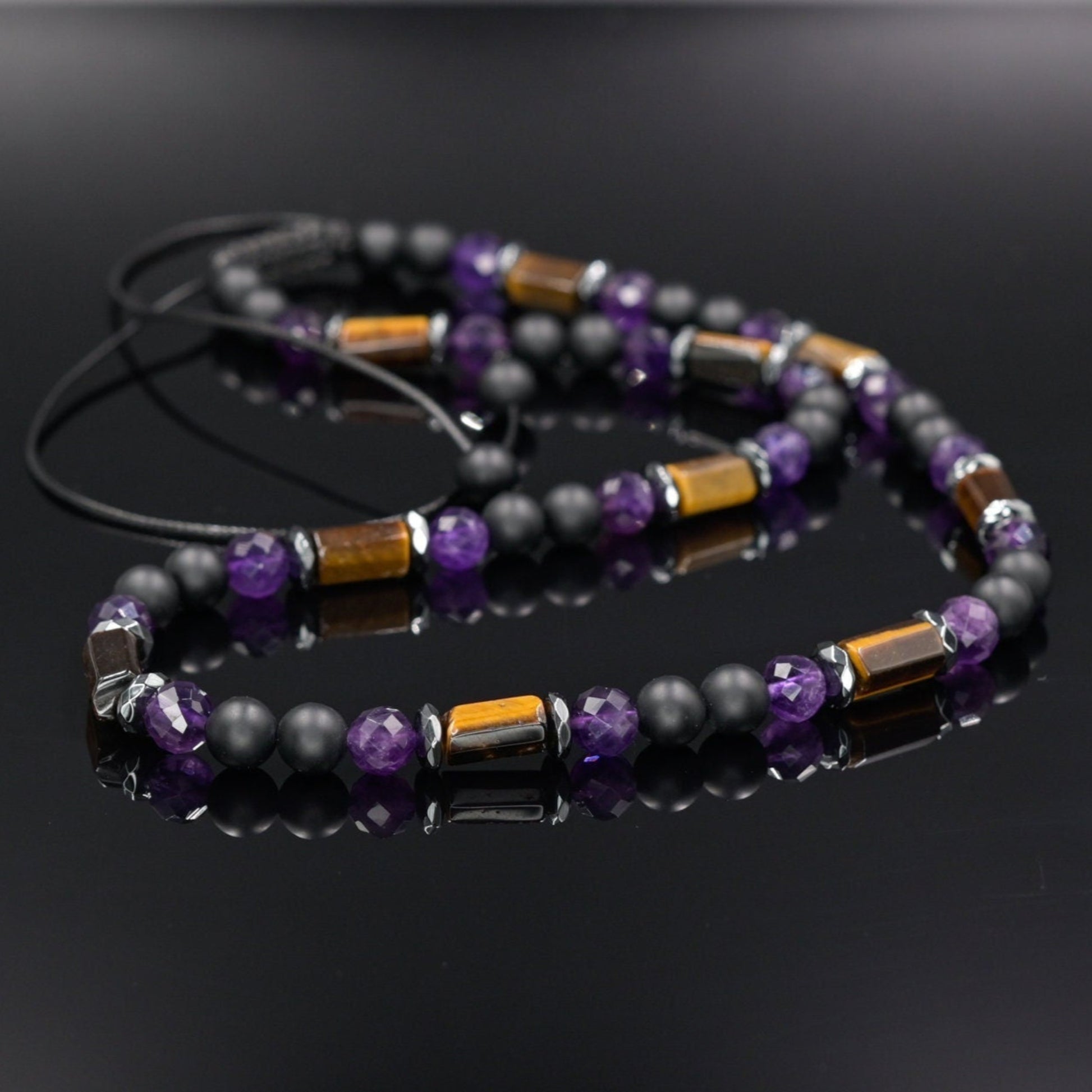 Tiger's Eye Amethyst Necklace, Men's Black Onyx Beads Necklace, Short Summer Necklace, Gift for Men, Father's Day Gift, Adjustable Necklace- Shamballa Necklace - Birthstone Necklace - Gemstone Necklace Men - Chakra Necklace - Macrame Necklace  - Healing Necklace - Valinde