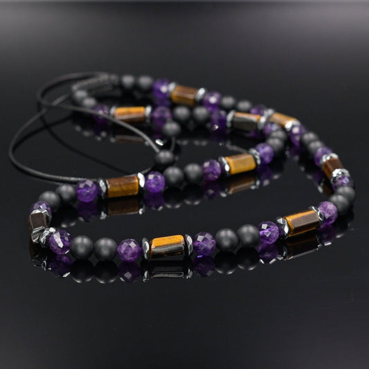 Tiger's Eye Amethyst Necklace, Men's Black Onyx Beads Necklace, Short Summer Necklace, Gift for Men, Father's Day Gift, Adjustable Necklace- Shamballa Necklace - Birthstone Necklace - Gemstone Necklace Men - Chakra Necklace - Macrame Necklace  - Healing Necklace - Valinde