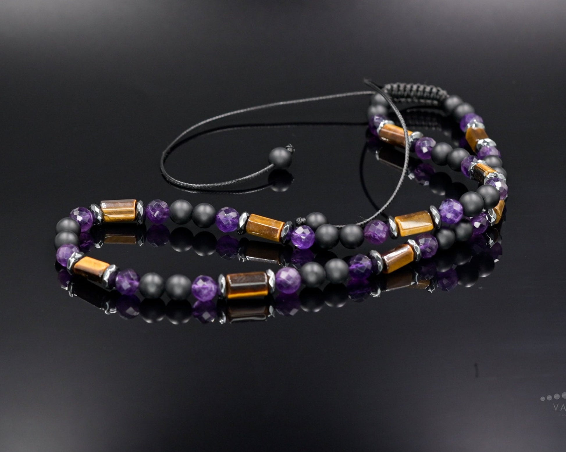 Tiger's Eye Amethyst Necklace, Men's Black Onyx Beads Necklace, Short Summer Necklace, Gift for Men, Father's Day Gift, Adjustable Necklace- Shamballa Necklace - Birthstone Necklace - Gemstone Necklace Men - Chakra Necklace - Macrame Necklace  - Healing Necklace - Valinde

