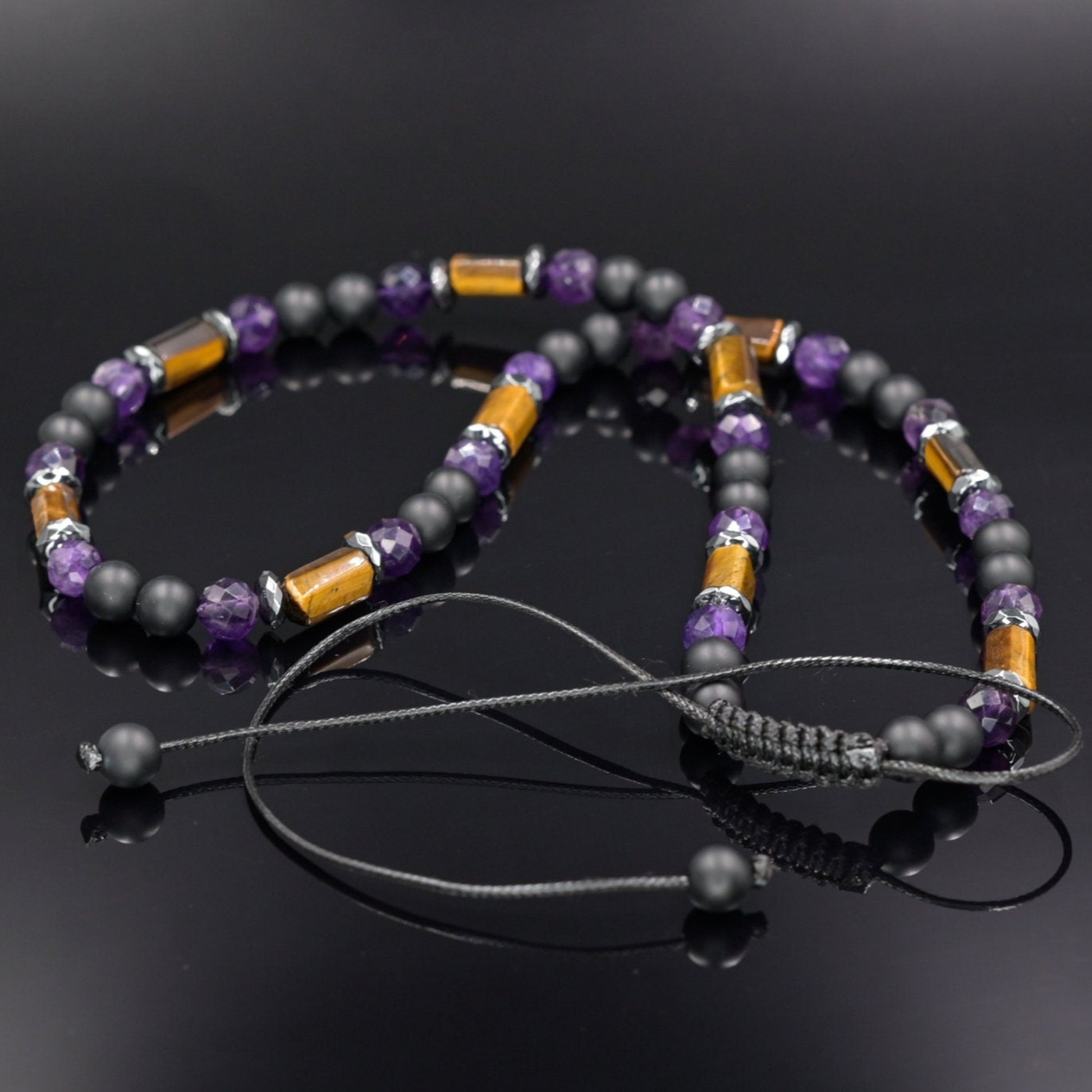 Tiger's Eye Amethyst Necklace, Men's Black Onyx Beads Necklace, Short Summer Necklace, Gift for Men, Father's Day Gift, Adjustable Necklace- Shamballa Necklace - Birthstone Necklace - Gemstone Necklace Men - Chakra Necklace - Macrame Necklace  - Healing Necklace - Valinde

