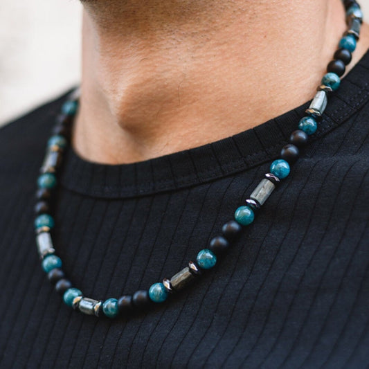 Men's Hawk's Eye Apatite Beads Necklace - Black Onyx Necklace - Gift for Men - Short Crystal Necklace - Father's Day Gift - Stone Necklace - Shamballa Necklace - Birthstone Necklace - Gemstone Necklace Men - Chakra Necklace - Macrame Necklace  - Healing Necklace - Valinde