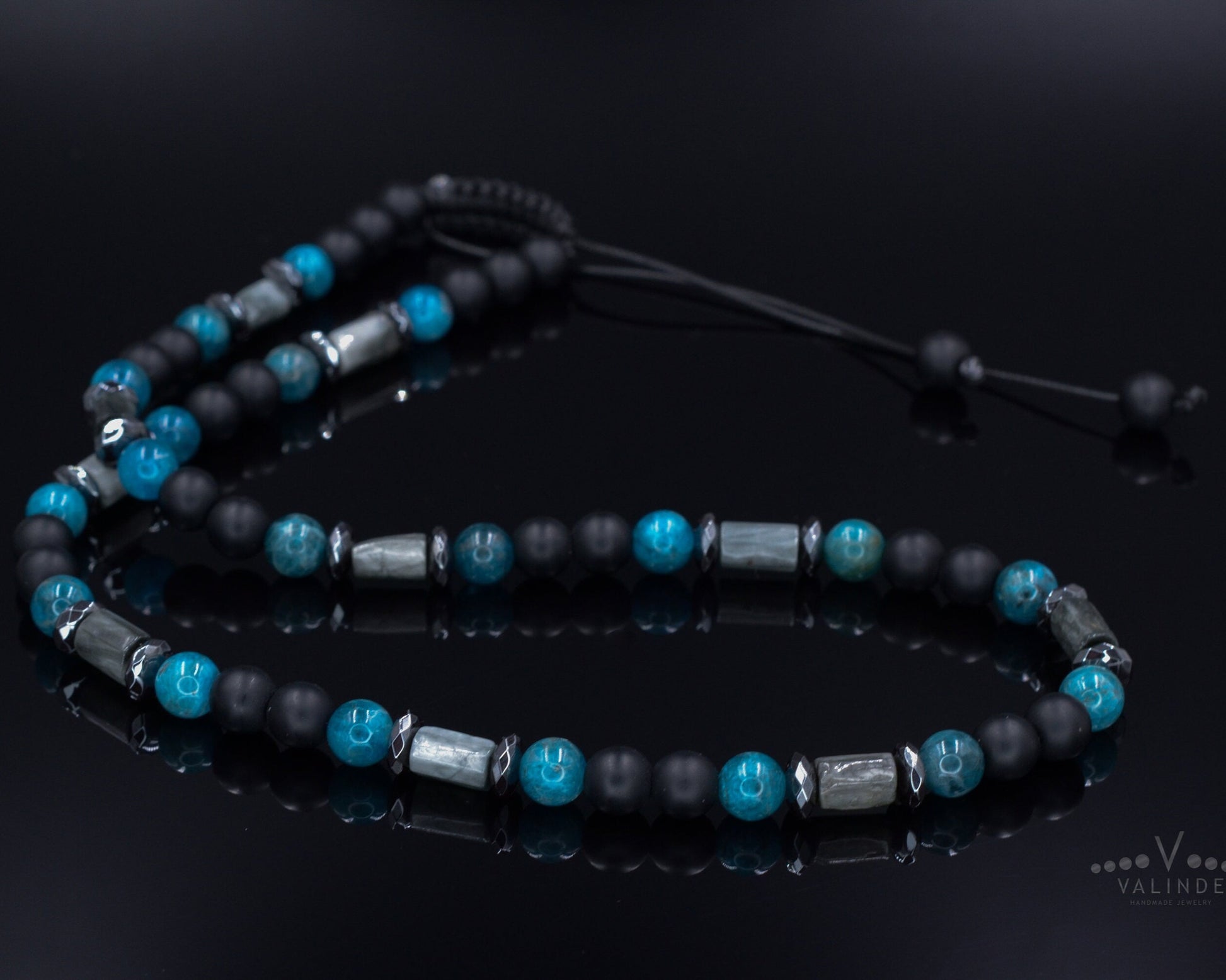 Men's Hawk's Eye Apatite Beads Necklace - Black Onyx Necklace - Gift for Men - Short Crystal Necklace - Father's Day Gift - Stone Necklace - Shamballa Necklace - Birthstone Necklace - Gemstone Necklace Men - Chakra Necklace - Macrame Necklace  - Healing Necklace - Valinde
