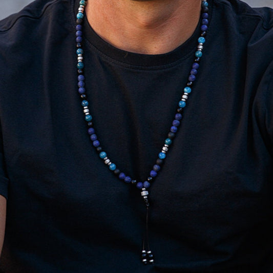 Lapis Lazuli Apatite Crystal Necklace for Men - Men's Long Beaded Necklace - Black Onyx Necklace - Gift for Men - Steel Beads Necklace  - Shamballa Necklace - Birthstone Necklace - Gemstone Necklace Men - Chakra Necklace - Macrame Necklace  - Healing Necklace - Valinde