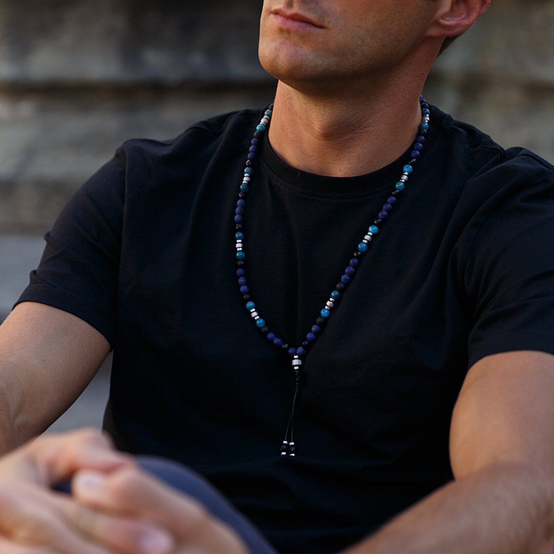 Lapis Lazuli Apatite Crystal Necklace for Men - Men's Long Beaded Necklace - Black Onyx Necklace - Gift for Men - Steel Beads Necklace  - Shamballa Necklace - Birthstone Necklace - Gemstone Necklace Men - Chakra Necklace - Macrame Necklace  - Healing Necklace - Valinde