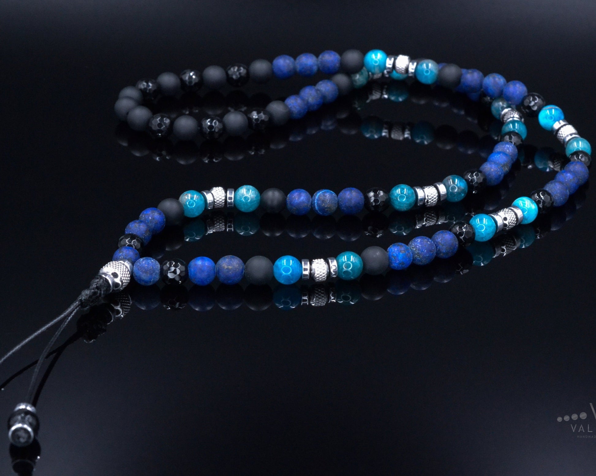 Lapis Lazuli Apatite Crystal Necklace for Men - Men's Long Beaded Necklace - Black Onyx Necklace - Gift for Men - Steel Beads Necklace  - Shamballa Necklace - Birthstone Necklace - Gemstone Necklace Men - Chakra Necklace - Macrame Necklace  - Healing Necklace - Valinde
