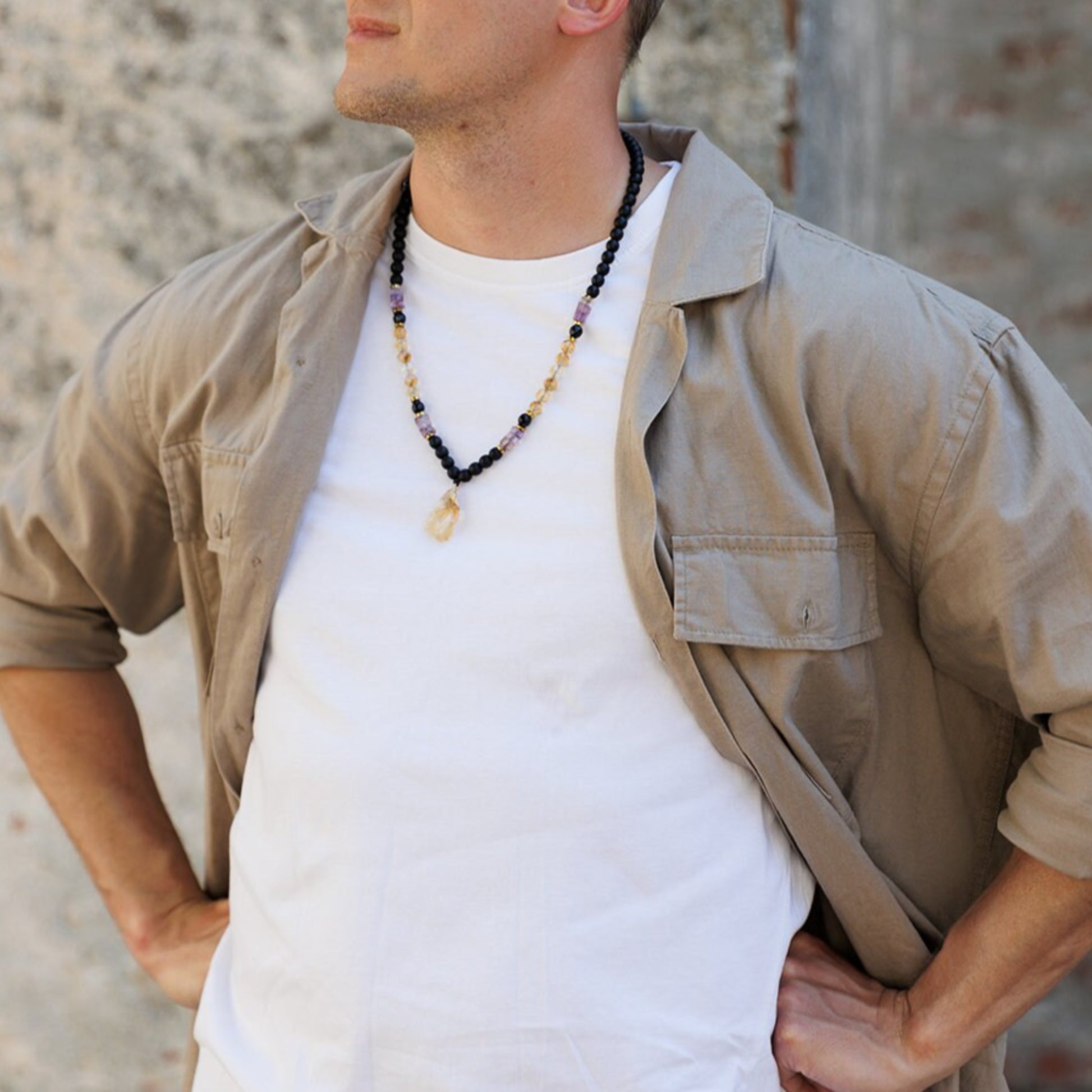 Men Gemstone Necklace - Ametrine Citrine Onyx - Handmade Jewelry - Birthstone Necklace - Shamballa Necklace - Birthstone Necklace - Gemstone Necklace Men - Chakra Necklace - Macrame Necklace  - Healing Necklace - Valinde
