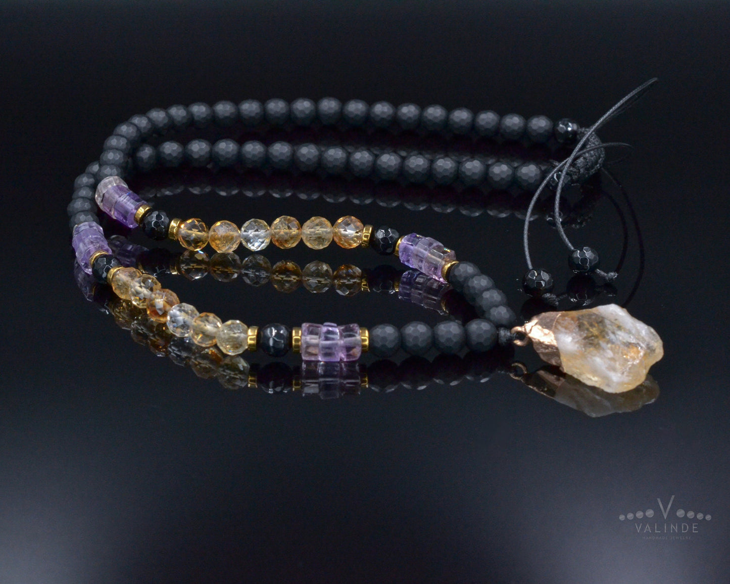 Men Gemstone Necklace - Ametrine Citrine Onyx - Handmade Jewelry - Birthstone Necklace - Shamballa Necklace - Birthstone Necklace - Gemstone Necklace Men - Chakra Necklace - Macrame Necklace  - Healing Necklace - Valinde
