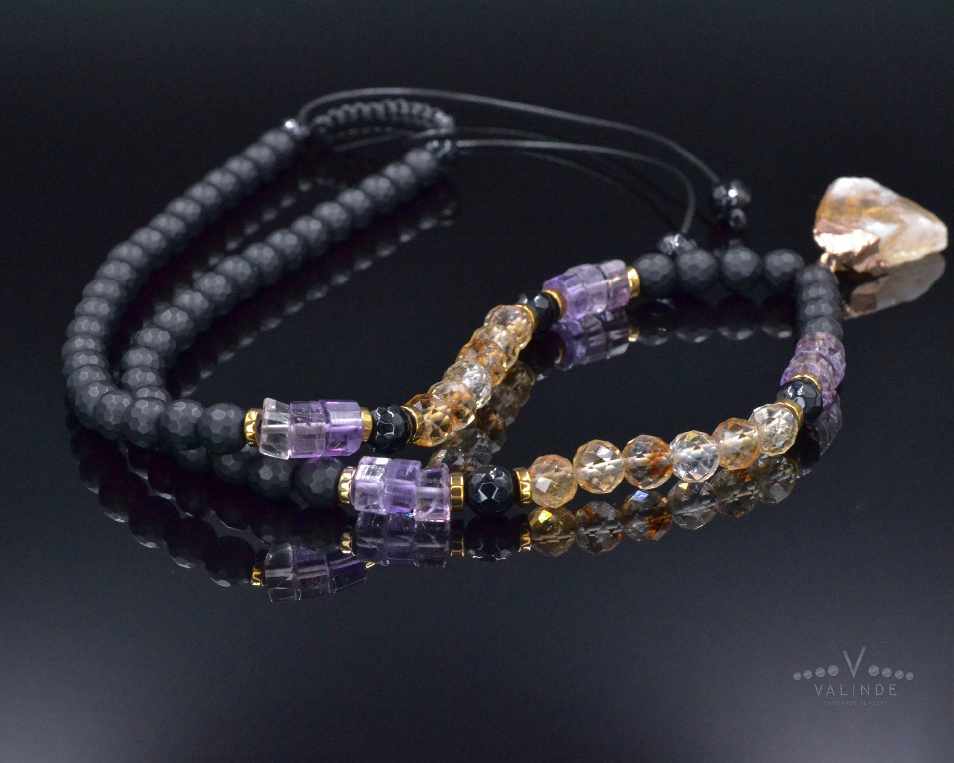 Men Gemstone Necklace - Ametrine Citrine Onyx - Handmade Jewelry - Birthstone Necklace - Shamballa Necklace - Birthstone Necklace - Gemstone Necklace Men - Chakra Necklace - Macrame Necklace  - Healing Necklace - Valinde
