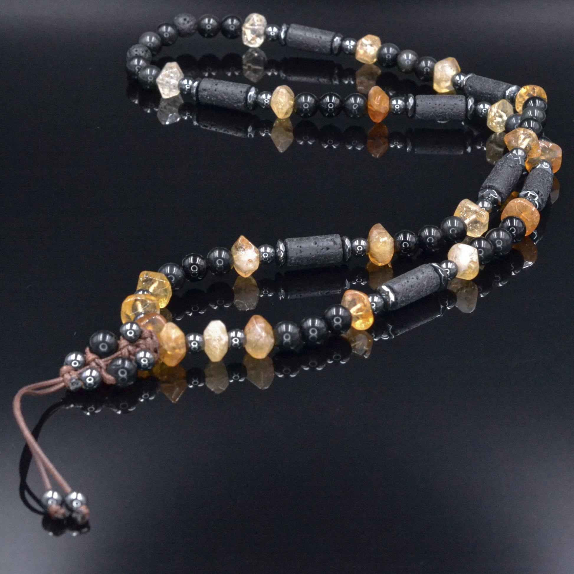 Men's Citrine Necklace Long Crystal Beaded Necklace Lava Stone Necklace Gift for Men Black Agate and Hematite Gemstone Necklace Gift for Man - Shamballa Necklace - Birthstone Necklace - Gemstone Necklace Men - Chakra Necklace - Yoga Necklace - Mantra Necklace -Macrame Necklace  - Healing Necklace - Valinde