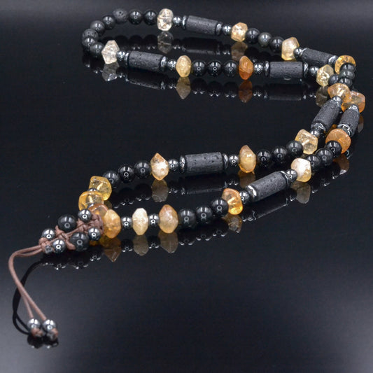 Men's Citrine Necklace Long Crystal Beaded Necklace Lava Stone Necklace Gift for Men Black Agate and Hematite Gemstone Necklace Gift for Man - Shamballa Necklace - Birthstone Necklace - Gemstone Necklace Men - Chakra Necklace - Yoga Necklace - Mantra Necklace -Macrame Necklace  - Healing Necklace - Valinde