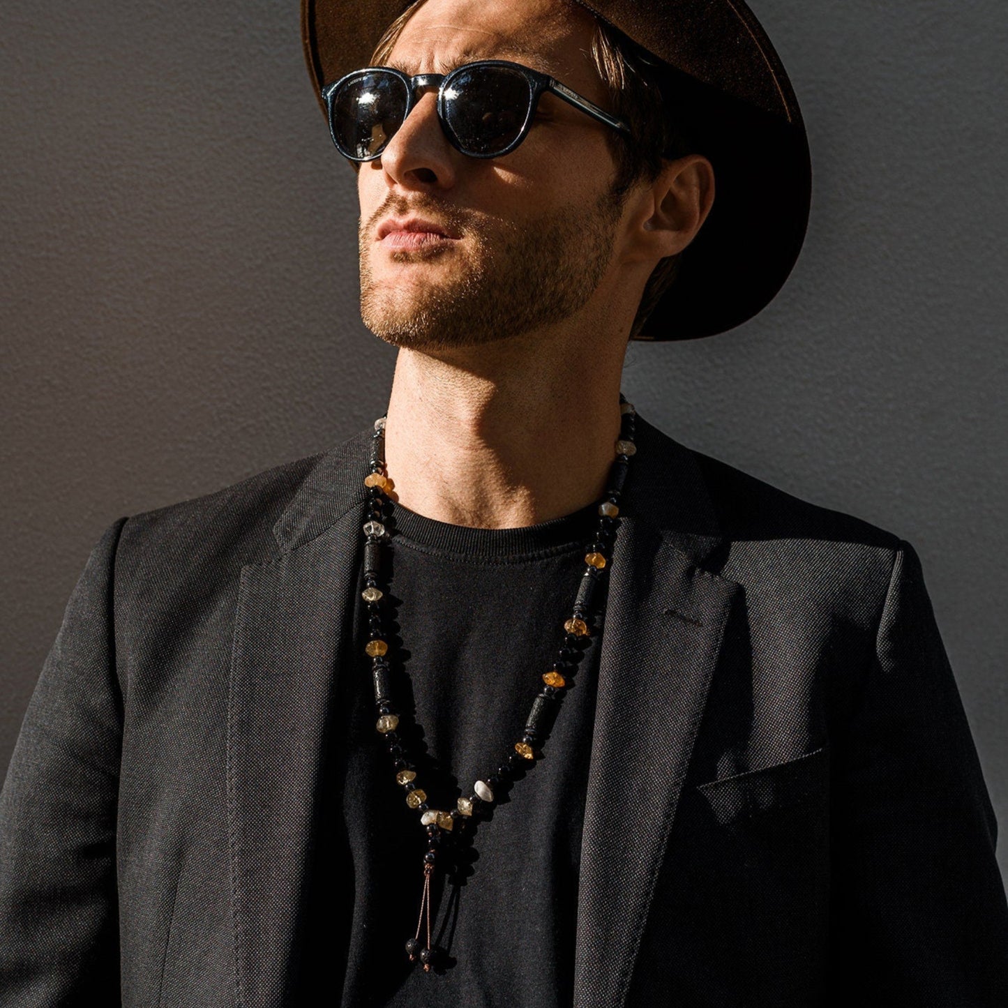 Men's Citrine Necklace Long Crystal Beaded Necklace Lava Stone Necklace Gift for Men Black Agate and Hematite Gemstone Necklace Gift for Man - Shamballa Necklace - Birthstone Necklace - Gemstone Necklace Men - Chakra Necklace - Yoga Necklace - Mantra Necklace -Macrame Necklace  - Healing Necklace - Valinde
