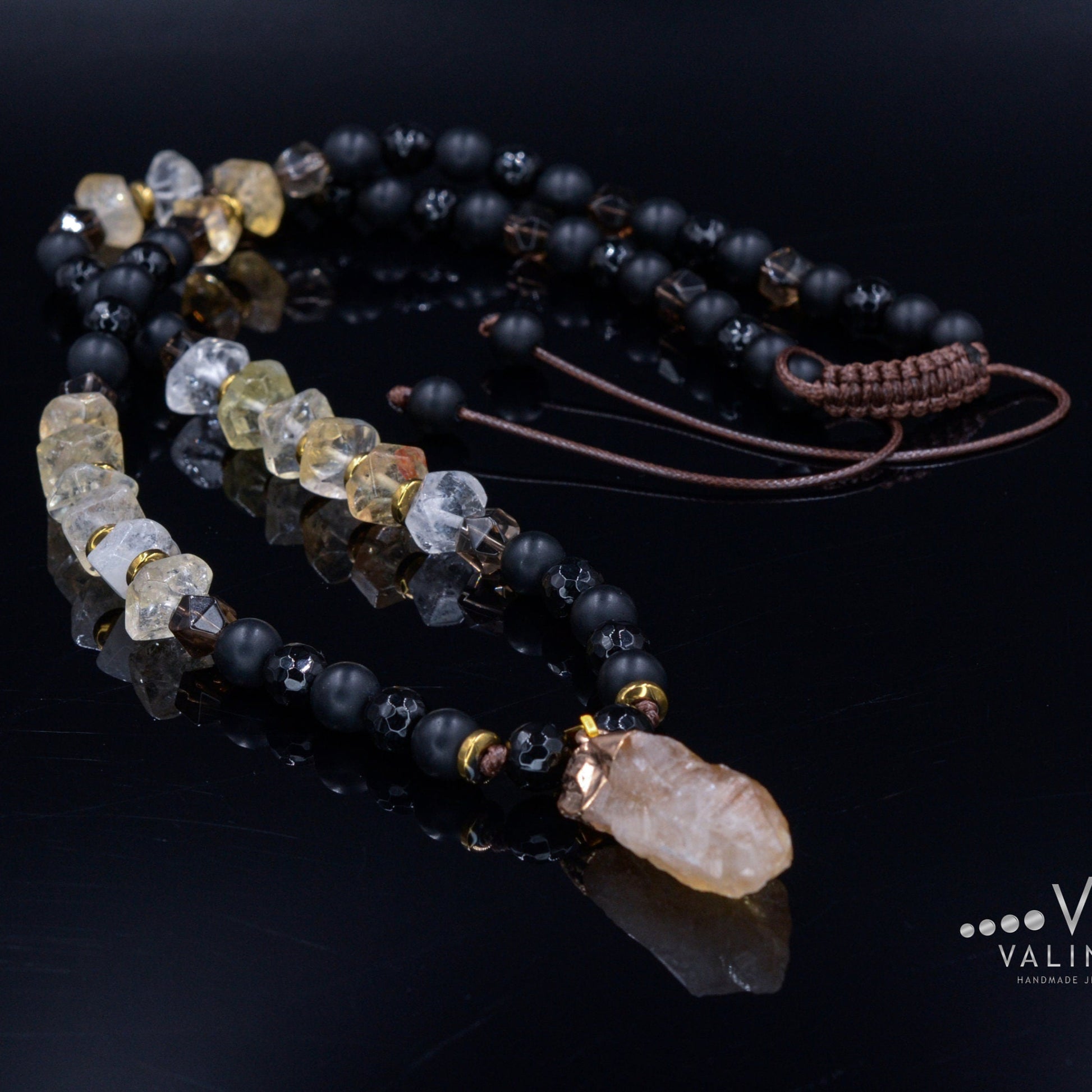 Raw Citrine Pendant Necklace - Men's Long Citrine Crystal Necklace - Black Agate & Onyx Beads Necklace - Gift for Men - Man Stone Necklace - - Shamballa Necklace - Birthstone Necklace - Gemstone Necklace Men - Chakra Necklace - Macrame Necklace  - Healing Necklace - Valinde