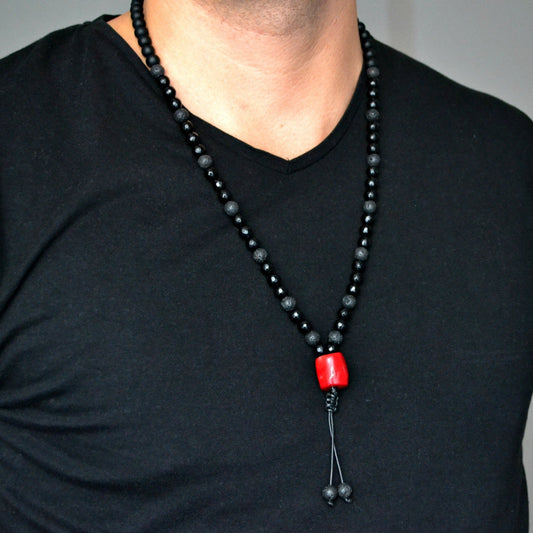 Men's Black Onyx Long Necklace Red Coral Bead Necklace Gifts for Men Lava Stone Beads Necklace Agate Stone Necklace Men's Crystal Necklace - Shamballa Necklace - Birthstone Necklace - Gemstone Necklace Men - Chakra Necklace - Yoga Necklace - Mantra Necklace -Macrame Necklace  - Healing Necklace - Valinde