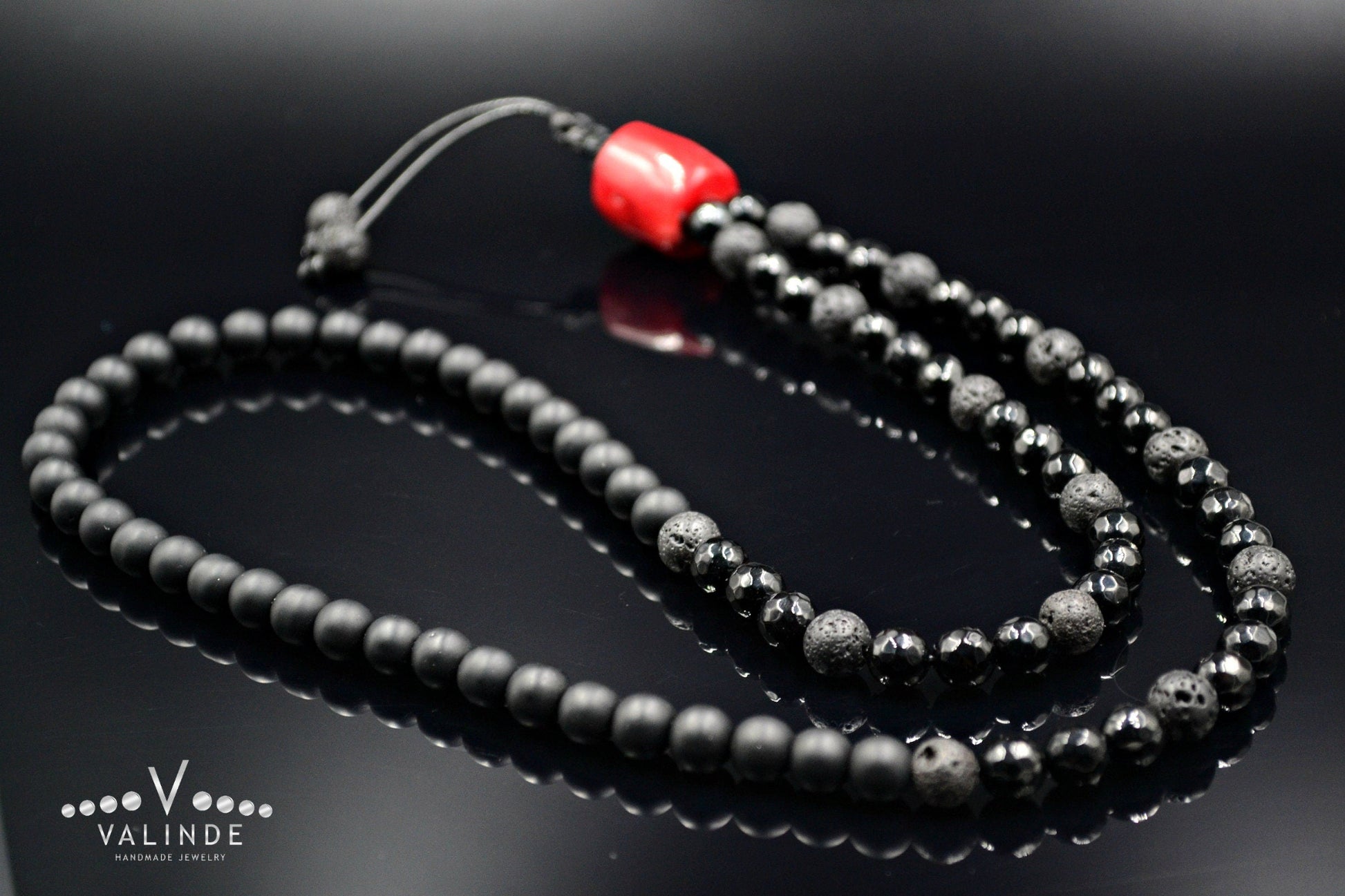 Men's Black Onyx Long Necklace Red Coral Bead Necklace Gifts for Men Lava Stone Beads Necklace Agate Stone Necklace Men's Crystal Necklace - Shamballa Necklace - Birthstone Necklace - Gemstone Necklace Men - Chakra Necklace - Yoga Necklace - Mantra Necklace -Macrame Necklace  - Healing Necklace - Valinde

