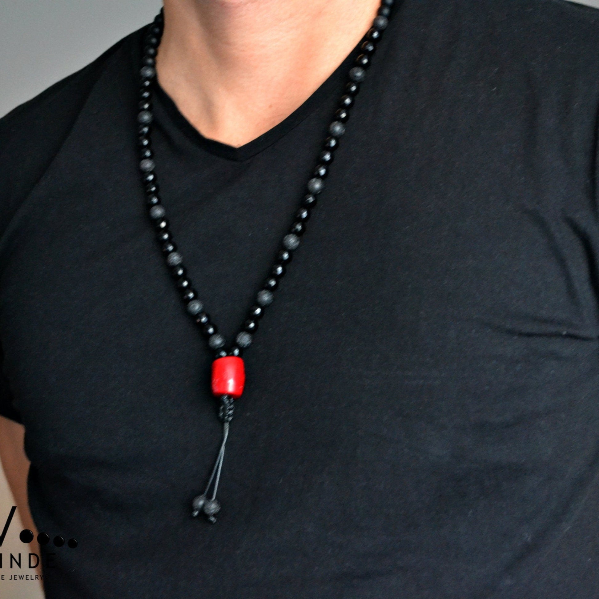 Men's Black Onyx Long Necklace Red Coral Bead Necklace Gifts for Men Lava Stone Beads Necklace Agate Stone Necklace Men's Crystal Necklace - Shamballa Necklace - Birthstone Necklace - Gemstone Necklace Men - Chakra Necklace - Yoga Necklace - Mantra Necklace -Macrame Necklace  - Healing Necklace - Valinde
