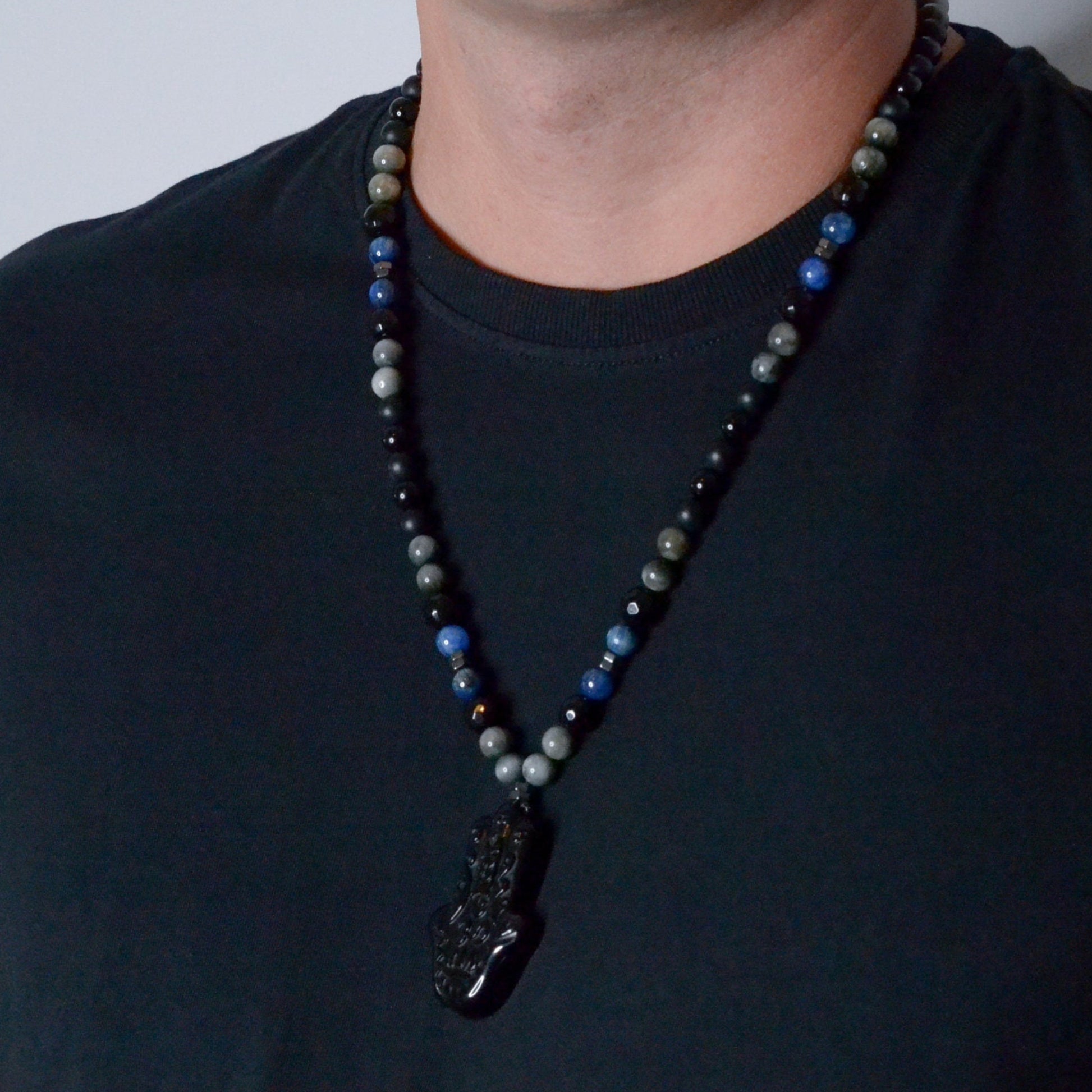 Hamsa Hand Onyx Pendant Necklace - Men's Kyanite Crystal Necklace - Gift for Men - Hawk's Eye Necklace - Long Beaded Necklace for Men  - Shamballa Necklace - Birthstone Necklace - Gemstone Necklace Men - Chakra Necklace - Macrame Necklace  - Healing Necklace - Valinde