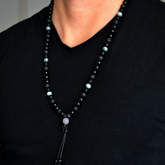 Men's Hawk's Eye Crystal Necklace Cubic Zirconia Bead Necklace Long Necklace Black Agate Necklace Lava Stone Necklace Gift for Men - Shamballa Necklace - Birthstone Necklace - Gemstone Necklace Men - Chakra Necklace - Yoga Necklace - Mantra Necklace -Macrame Necklace  - Healing Necklace - Valinde