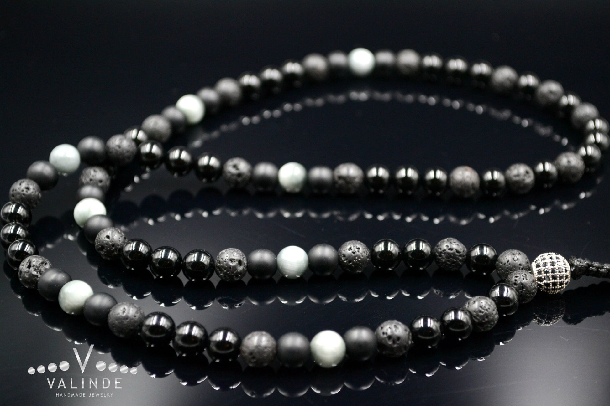 Men's Hawk's Eye Crystal Necklace Cubic Zirconia Bead Necklace Long Necklace Black Agate Necklace Lava Stone Necklace Gift for Men - Shamballa Necklace - Birthstone Necklace - Gemstone Necklace Men - Chakra Necklace - Yoga Necklace - Mantra Necklace -Macrame Necklace  - Healing Necklace - Valinde

