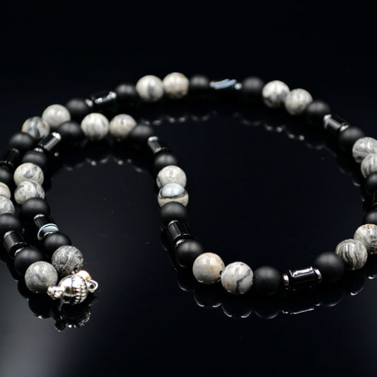 Surfer Necklace Men's Grey Jasper Necklace Black Onyx Necklace Short Gemstone Necklace Surf Jewelry Gift for Men Choker Stone Necklace - Shamballa Necklace - Birthstone Necklace - Gemstone Necklace Men - Chakra Necklace - Yoga Necklace - Mantra Necklace -Macrame Necklace  - Healing Necklace - Valinde