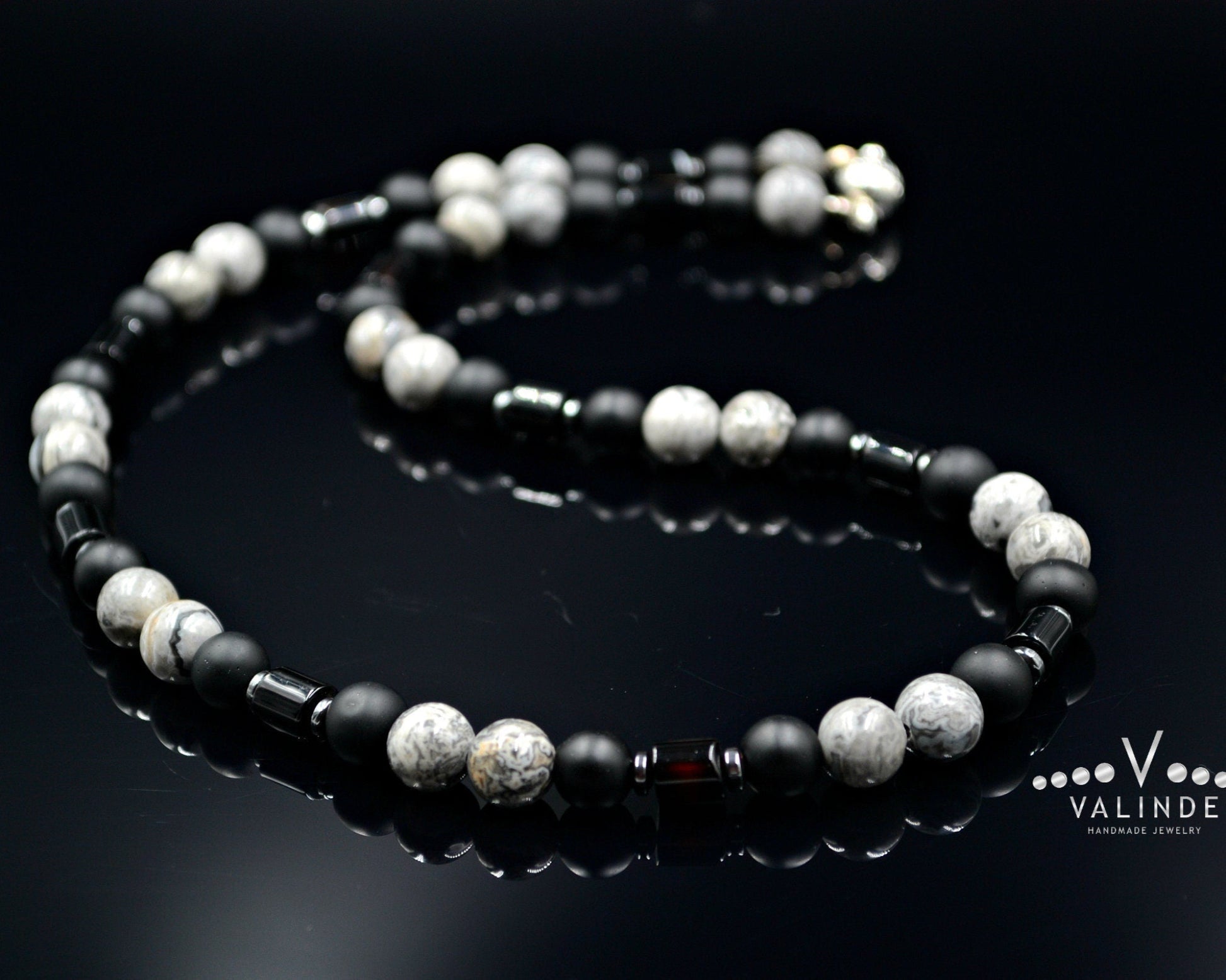 Surfer Necklace Men's Grey Jasper Necklace Black Onyx Necklace Short Gemstone Necklace Surf Jewelry Gift for Men Choker Stone Necklace - Shamballa Necklace - Birthstone Necklace - Gemstone Necklace Men - Chakra Necklace - Yoga Necklace - Mantra Necklace -Macrame Necklace  - Healing Necklace - Valinde
