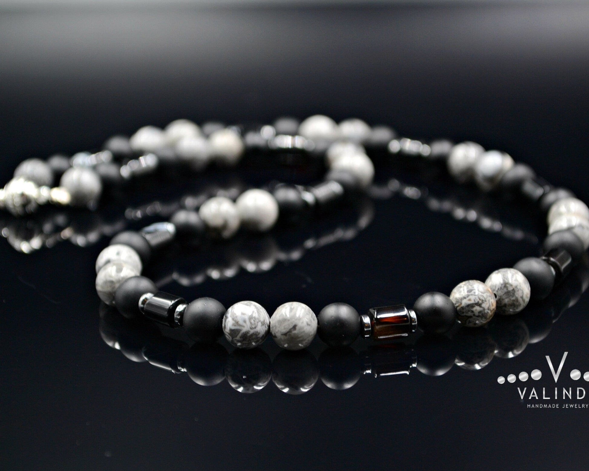Surfer Necklace Men's Grey Jasper Necklace Black Onyx Necklace Short Gemstone Necklace Surf Jewelry Gift for Men Choker Stone Necklace - Shamballa Necklace - Birthstone Necklace - Gemstone Necklace Men - Chakra Necklace - Yoga Necklace - Mantra Necklace -Macrame Necklace  - Healing Necklace - Valinde
