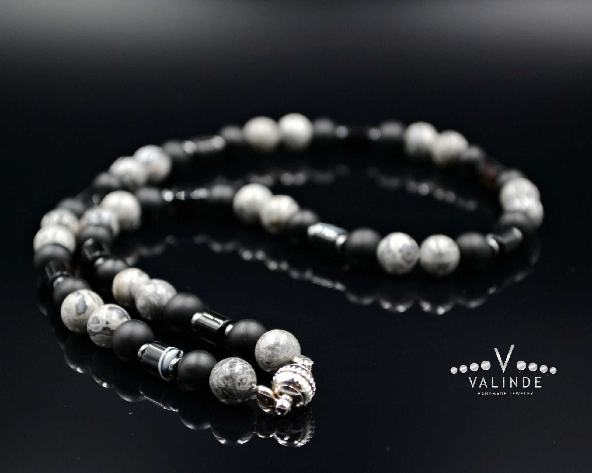 Surfer Necklace Men's Grey Jasper Necklace Black Onyx Necklace Short Gemstone Necklace Surf Jewelry Gift for Men Choker Stone Necklace - Shamballa Necklace - Birthstone Necklace - Gemstone Necklace Men - Chakra Necklace - Yoga Necklace - Mantra Necklace -Macrame Necklace  - Healing Necklace - Valinde
