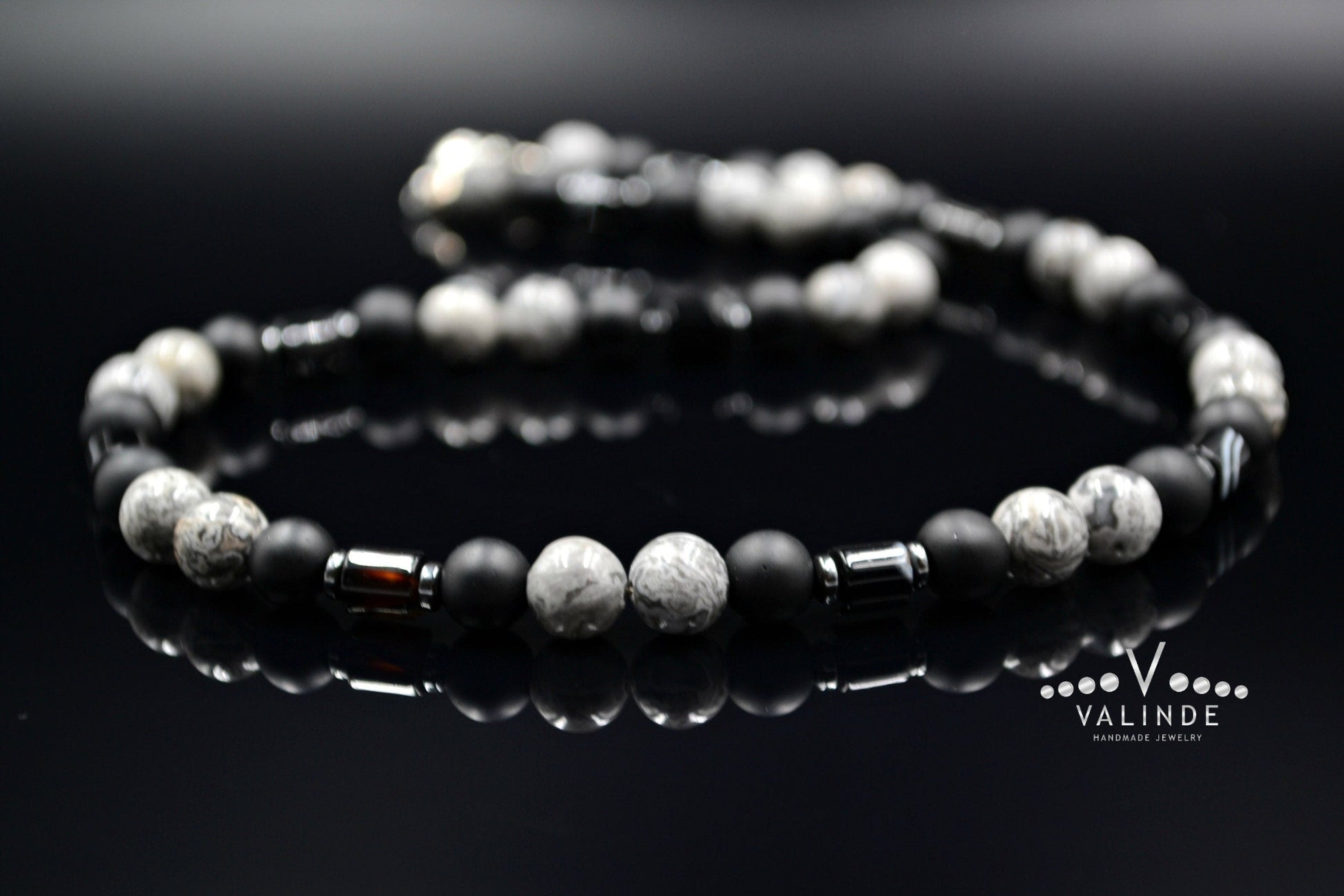 Surfer Necklace Men's Grey Jasper Necklace Black Onyx Necklace Short Gemstone Necklace Surf Jewelry Gift for Men Choker Stone Necklace - Shamballa Necklace - Birthstone Necklace - Gemstone Necklace Men - Chakra Necklace - Yoga Necklace - Mantra Necklace -Macrame Necklace  - Healing Necklace - Valinde

