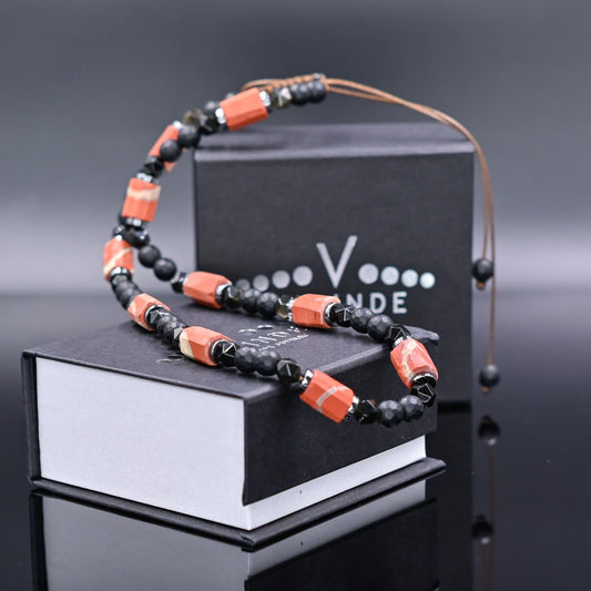 Men's Red Jasper Onyx Obsidian Adjustable Necklace, Short Beaded Gemstone Crystal Necklace, Gift for Men, Father's Day Gift, Birthday Gift  - Shamballa Necklace - Birthstone Necklace - Gemstone Necklace Men - Chakra Necklace - Macrame Necklace  - Healing Necklace - Valinde