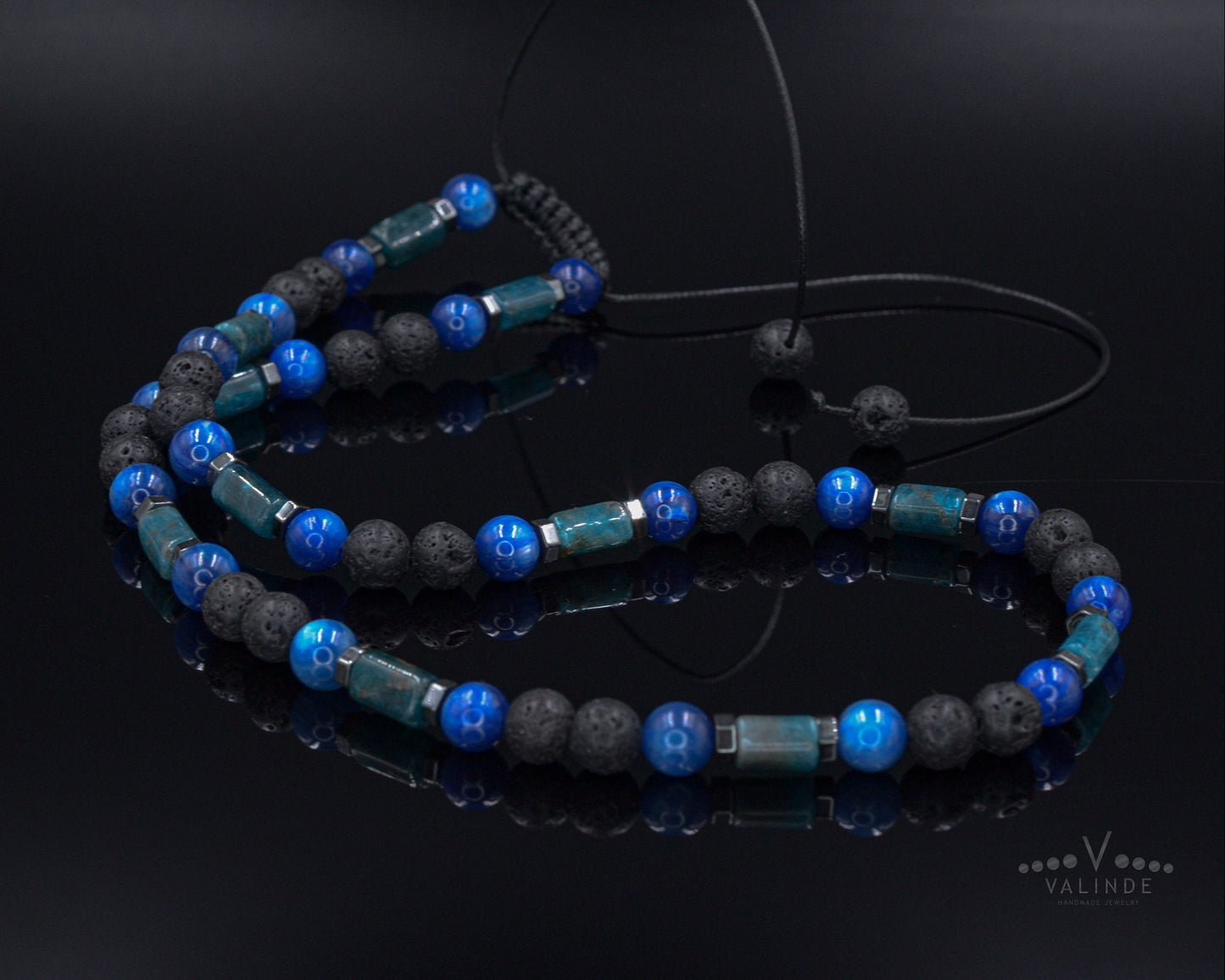 Men's Genuine Kyanite Apatite Crystal Necklace - Short Beaded Necklace - Lava Stone Necklace - Gift for Men - Adjustable Surfer Necklace - Shamballa Necklace - Birthstone Necklace - Gemstone Necklace Men - Chakra Necklace - Macrame Necklace  - Healing Necklace - Valinde
