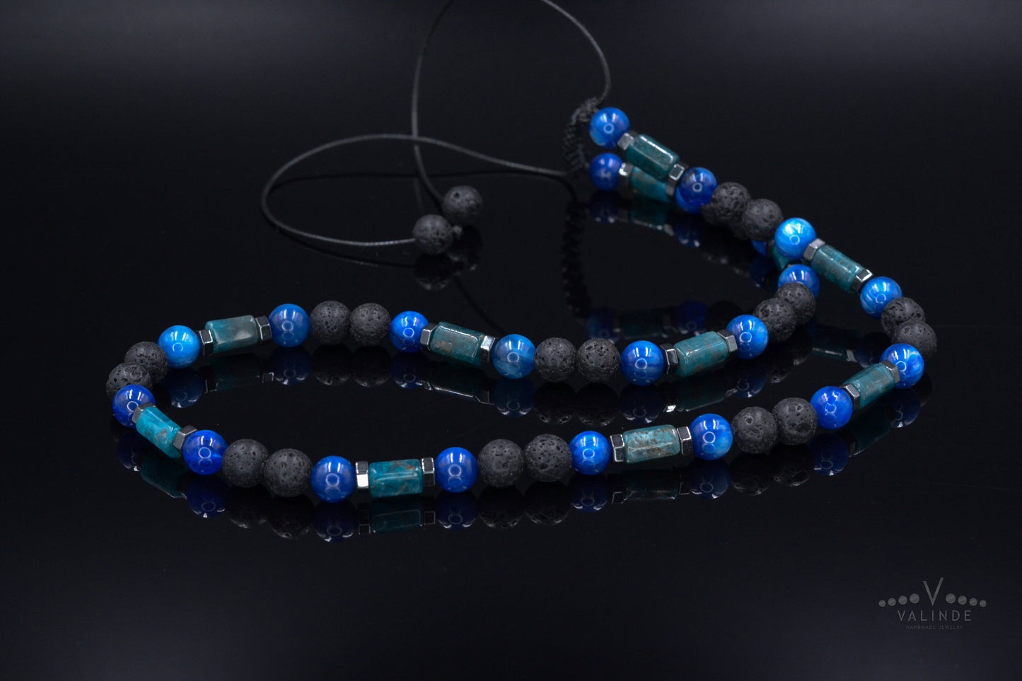 Men's Genuine Kyanite Apatite Crystal Necklace - Short Beaded Necklace - Lava Stone Necklace - Gift for Men - Adjustable Surfer Necklace - Shamballa Necklace - Birthstone Necklace - Gemstone Necklace Men - Chakra Necklace - Macrame Necklace  - Healing Necklace - Valinde

