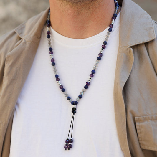 Natural Labradorite Long Necklace, Men's Amethyst Lapis Lazuli Crystal Necklace, Gift for Men, Steel Beads Summer Necklace, Men's Gift - Shamballa Necklace - Birthstone Necklace - Gemstone Necklace Men - Chakra Necklace - Macrame Necklace  - Healing Necklace - Valinde
