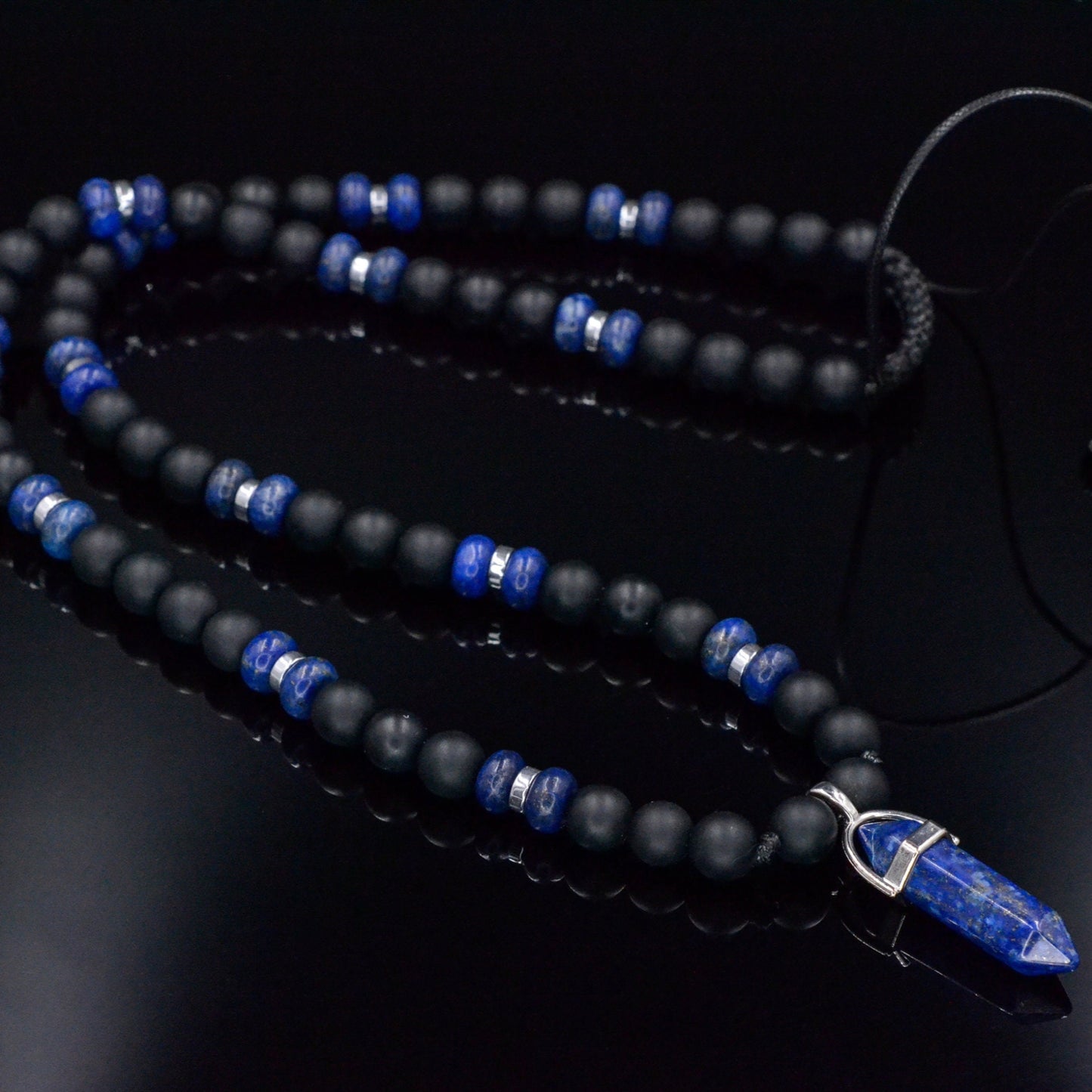 Men's Lapis Lazuli Pendant Necklace - Black Onyx Bead Necklace - Gift for Men - Long Crystal Necklace - Adjustable Necklace - Man Necklace- Shamballa Necklace - Birthstone Necklace - Gemstone Necklace Men - Chakra Necklace - Macrame Necklace  - Healing Necklace - Valinde