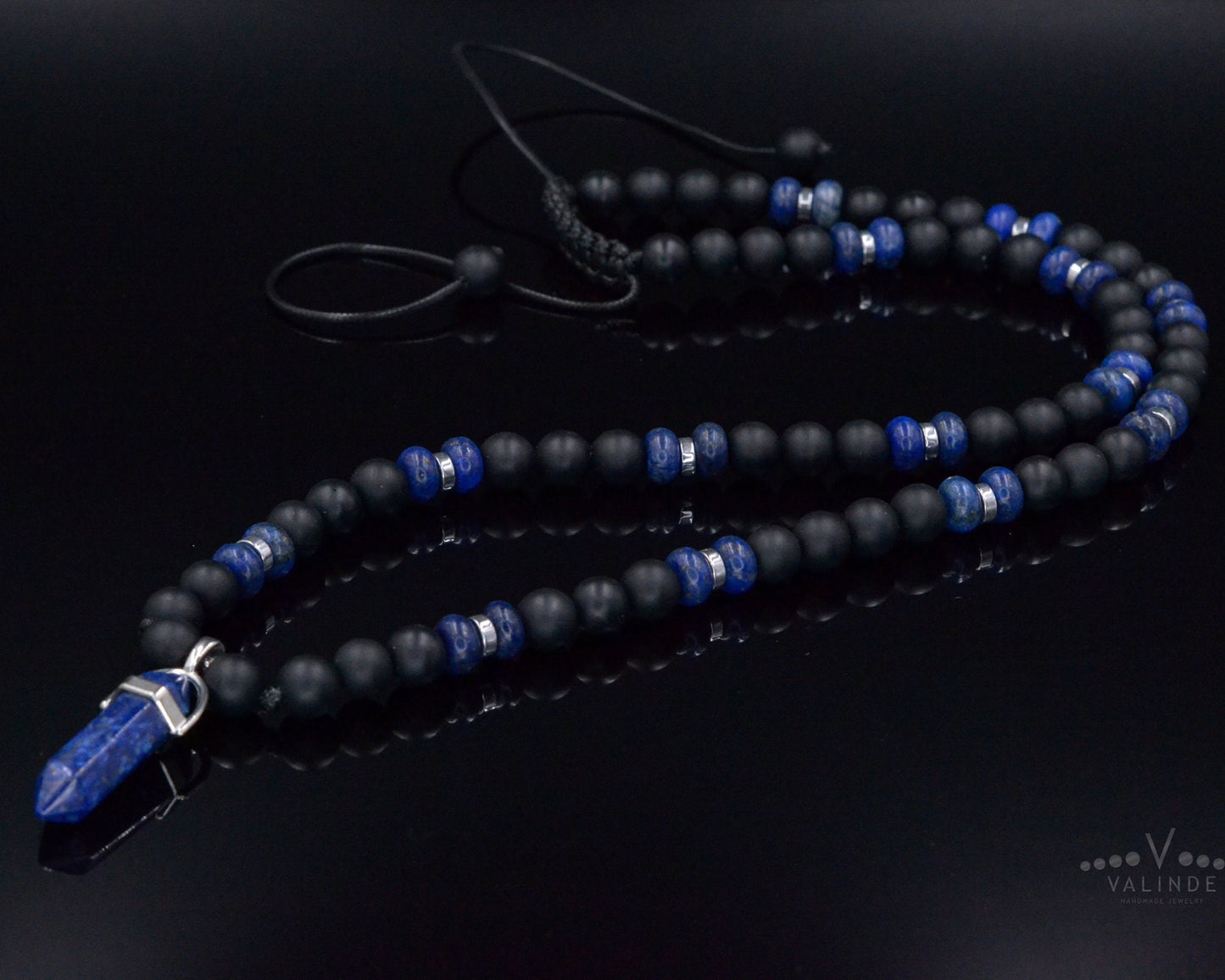 Men's Lapis Lazuli Pendant Necklace - Black Onyx Bead Necklace - Gift for Men - Long Crystal Necklace - Adjustable Necklace - Man Necklace- Shamballa Necklace - Birthstone Necklace - Gemstone Necklace Men - Chakra Necklace - Macrame Necklace  - Healing Necklace - Valinde
