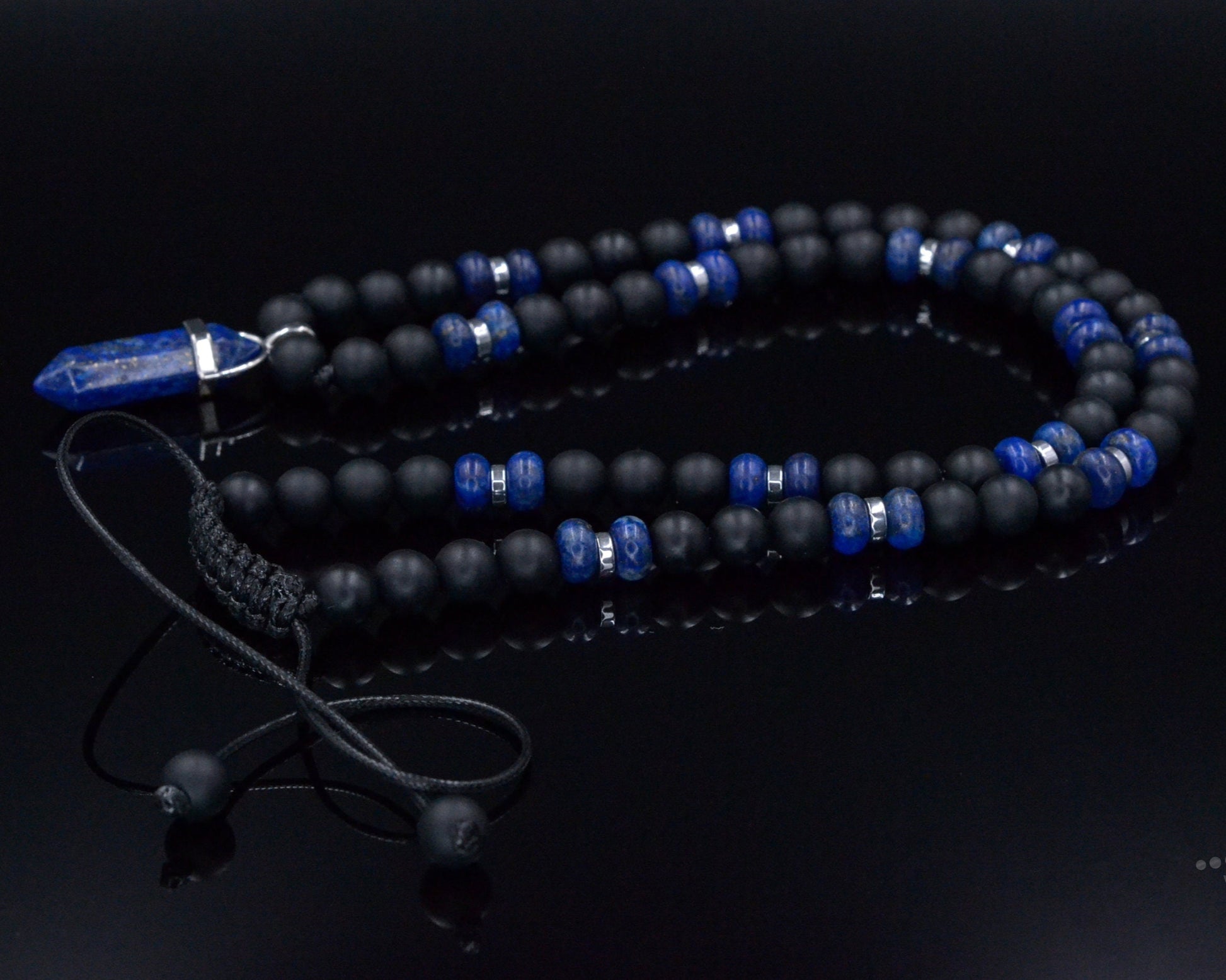 Men's Lapis Lazuli Pendant Necklace - Black Onyx Bead Necklace - Gift for Men - Long Crystal Necklace - Adjustable Necklace - Man Necklace- Shamballa Necklace - Birthstone Necklace - Gemstone Necklace Men - Chakra Necklace - Macrame Necklace  - Healing Necklace - Valinde
