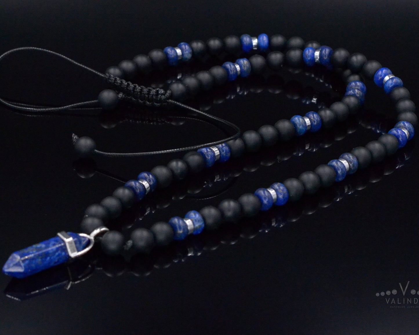 Men's Lapis Lazuli Pendant Necklace - Black Onyx Bead Necklace - Gift for Men - Long Crystal Necklace - Adjustable Necklace - Man Necklace- Shamballa Necklace - Birthstone Necklace - Gemstone Necklace Men - Chakra Necklace - Macrame Necklace  - Healing Necklace - Valinde

