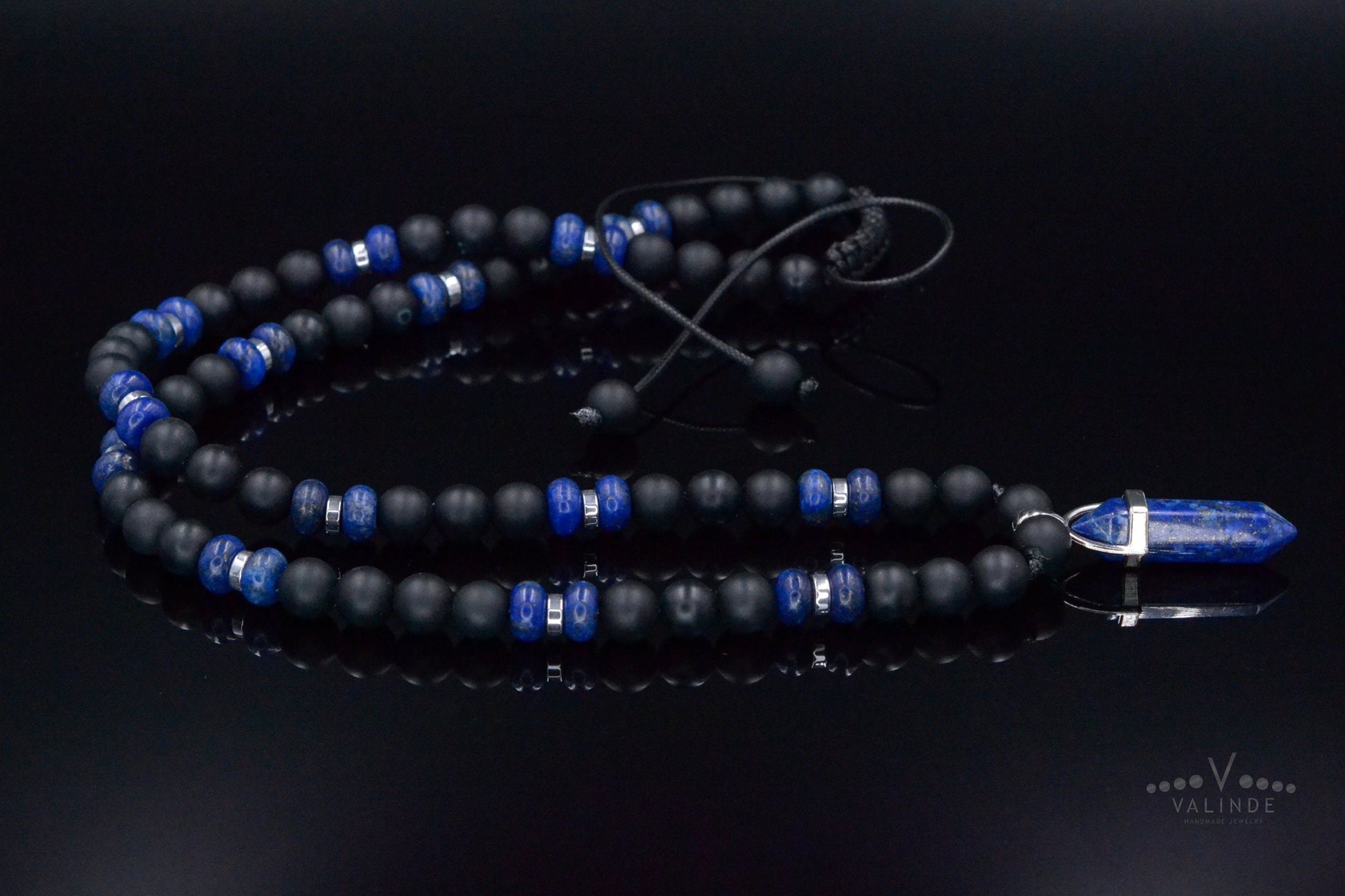 Men's Lapis Lazuli Pendant Necklace - Black Onyx Bead Necklace - Gift for Men - Long Crystal Necklace - Adjustable Necklace - Man Necklace- Shamballa Necklace - Birthstone Necklace - Gemstone Necklace Men - Chakra Necklace - Macrame Necklace  - Healing Necklace - Valinde
