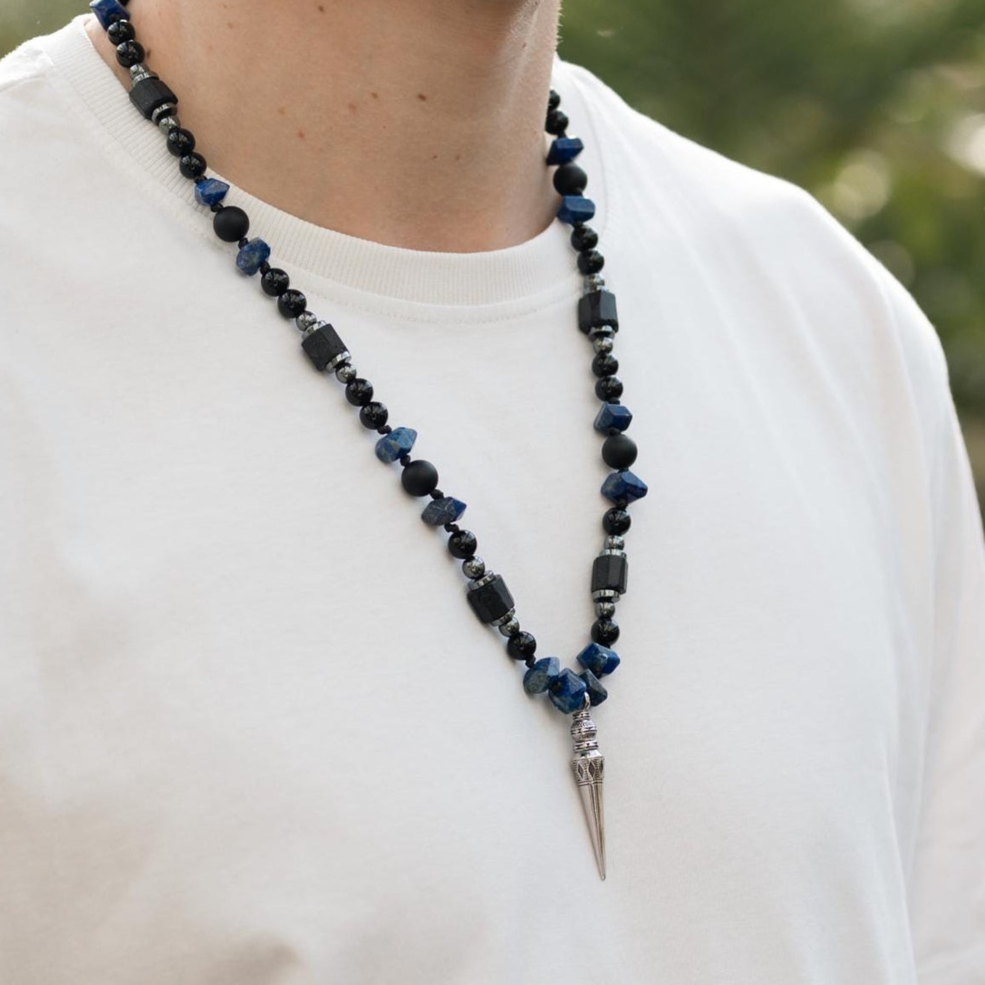 Men's Lapis Lazuli Raw Tourmaline Necklace, 925 Sterling Silver Pendant Necklace, Gemstone Jewelry Gift for Men - Shamballa Necklace - Birthstone Necklace - Gemstone Necklace Men - Chakra Necklace - Yoga Necklace - Mantra Necklace -Macrame Necklace  - Healing Necklace - Gift for Father - Gift For Men - Valinde
