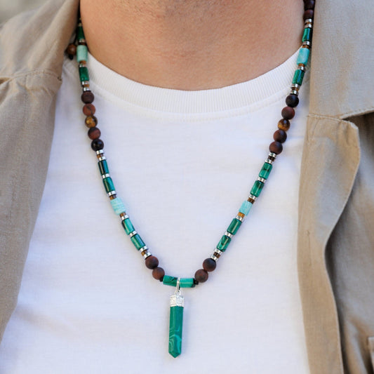 Genuine Malachite Pendant Necklace, Long Malachite Tiger's Eye Beaded Necklace, Gift for Men, Adjustable Crystal Necklace, Stone Necklace   - Shamballa Necklace - Birthstone Necklace - Gemstone Necklace Men - Chakra Necklace - Yoga Necklace - Mantra Necklace -Macrame Necklace  - Healing Necklace - Valinde