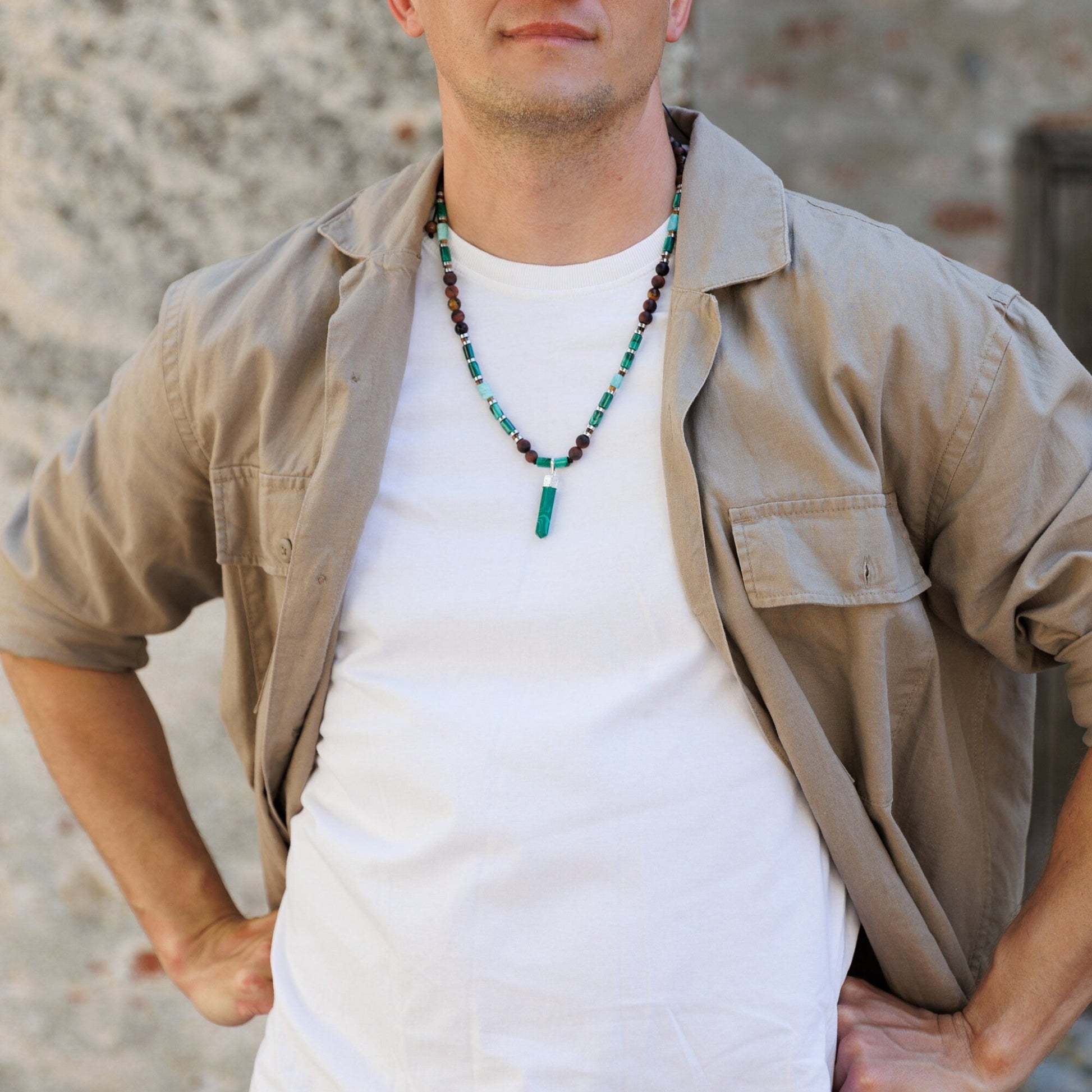 Genuine Malachite Pendant Necklace, Long Malachite Tiger's Eye Beaded Necklace, Gift for Men, Adjustable Crystal Necklace, Stone Necklace   - Shamballa Necklace - Birthstone Necklace - Gemstone Necklace Men - Chakra Necklace - Yoga Necklace - Mantra Necklace -Macrame Necklace  - Healing Necklace - Valinde