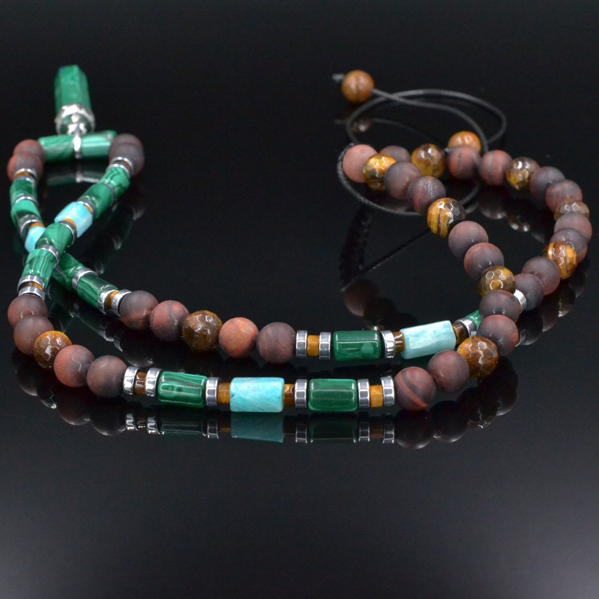 Genuine Malachite Pendant Necklace, Long Malachite Tiger's Eye Beaded Necklace, Gift for Men, Adjustable Crystal Necklace, Stone Necklace   - Shamballa Necklace - Birthstone Necklace - Gemstone Necklace Men - Chakra Necklace - Yoga Necklace - Mantra Necklace -Macrame Necklace  - Healing Necklace - Valinde
