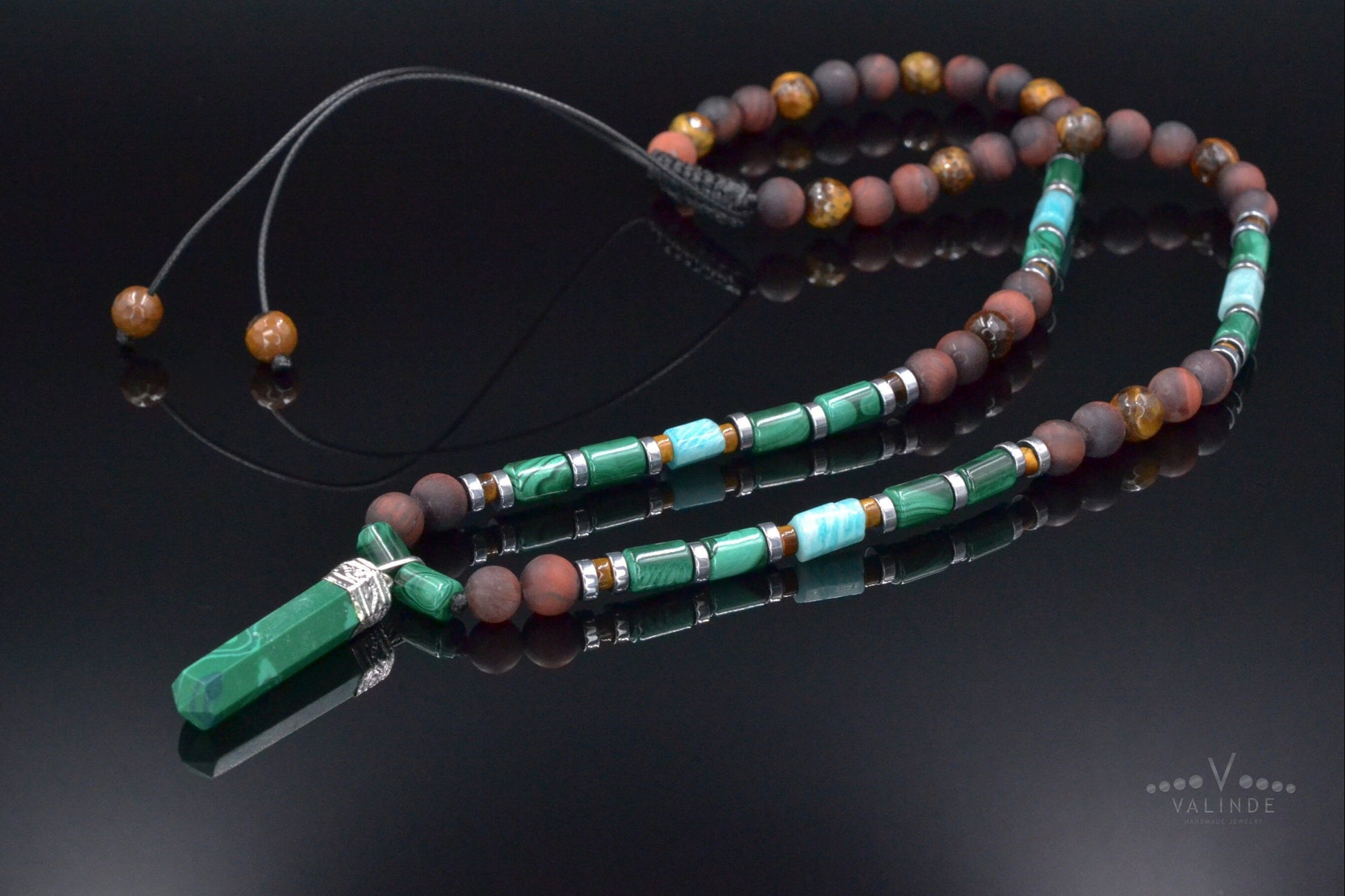 Genuine Malachite Pendant Necklace, Long Malachite Tiger's Eye Beaded Necklace, Gift for Men, Adjustable Crystal Necklace, Stone Necklace   - Shamballa Necklace - Birthstone Necklace - Gemstone Necklace Men - Chakra Necklace - Yoga Necklace - Mantra Necklace -Macrame Necklace  - Healing Necklace - Valinde
