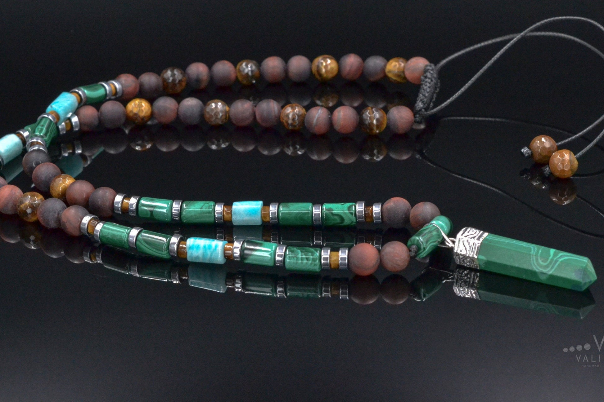 Genuine Malachite Pendant Necklace, Long Malachite Tiger's Eye Beaded Necklace, Gift for Men, Adjustable Crystal Necklace, Stone Necklace   - Shamballa Necklace - Birthstone Necklace - Gemstone Necklace Men - Chakra Necklace - Yoga Necklace - Mantra Necklace -Macrame Necklace  - Healing Necklace - Valinde
