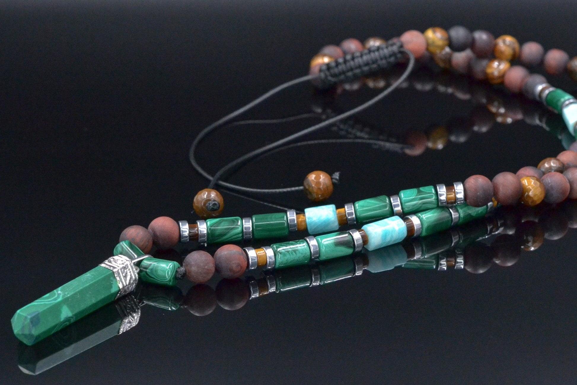 Genuine Malachite Pendant Necklace, Long Malachite Tiger's Eye Beaded Necklace, Gift for Men, Adjustable Crystal Necklace, Stone Necklace   - Shamballa Necklace - Birthstone Necklace - Gemstone Necklace Men - Chakra Necklace - Yoga Necklace - Mantra Necklace -Macrame Necklace  - Healing Necklace - Valinde

