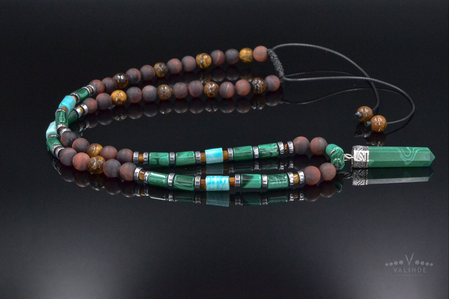 Genuine Malachite Pendant Necklace, Long Malachite Tiger's Eye Beaded Necklace, Gift for Men, Adjustable Crystal Necklace, Stone Necklace   - Shamballa Necklace - Birthstone Necklace - Gemstone Necklace Men - Chakra Necklace - Yoga Necklace - Mantra Necklace -Macrame Necklace  - Healing Necklace - Valinde
