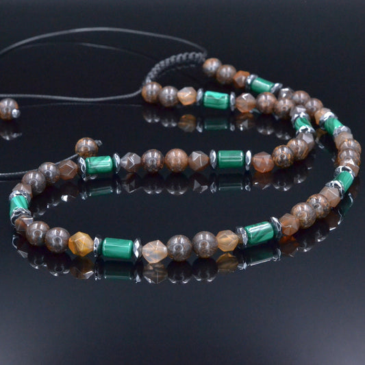 Malachite Bronzite Beaded Necklace, Men's Short Adjustable Necklace, Brown Agate Crystal Necklace, Gift for Men, Hematite Stone Necklace - Shamballa Necklace - Birthstone Necklace - Gemstone Necklace Men - Chakra Necklace - Yoga Necklace - Mantra Necklace -Macrame Necklace  - Healing Necklace - Valinde