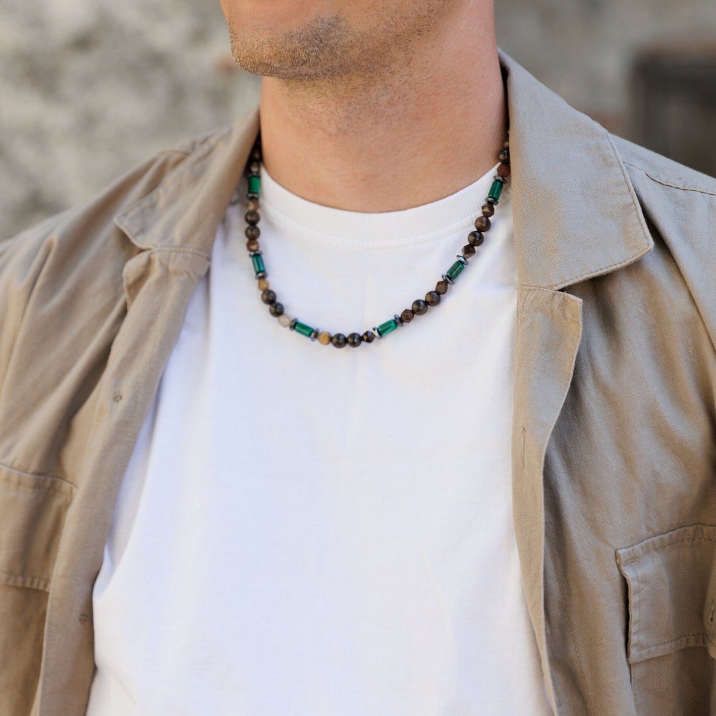 Malachite Bronzite Beaded Necklace, Men's Short Adjustable Necklace, Brown Agate Crystal Necklace, Gift for Men, Hematite Stone Necklace - Shamballa Necklace - Birthstone Necklace - Gemstone Necklace Men - Chakra Necklace - Yoga Necklace - Mantra Necklace -Macrame Necklace  - Healing Necklace - Valinde
