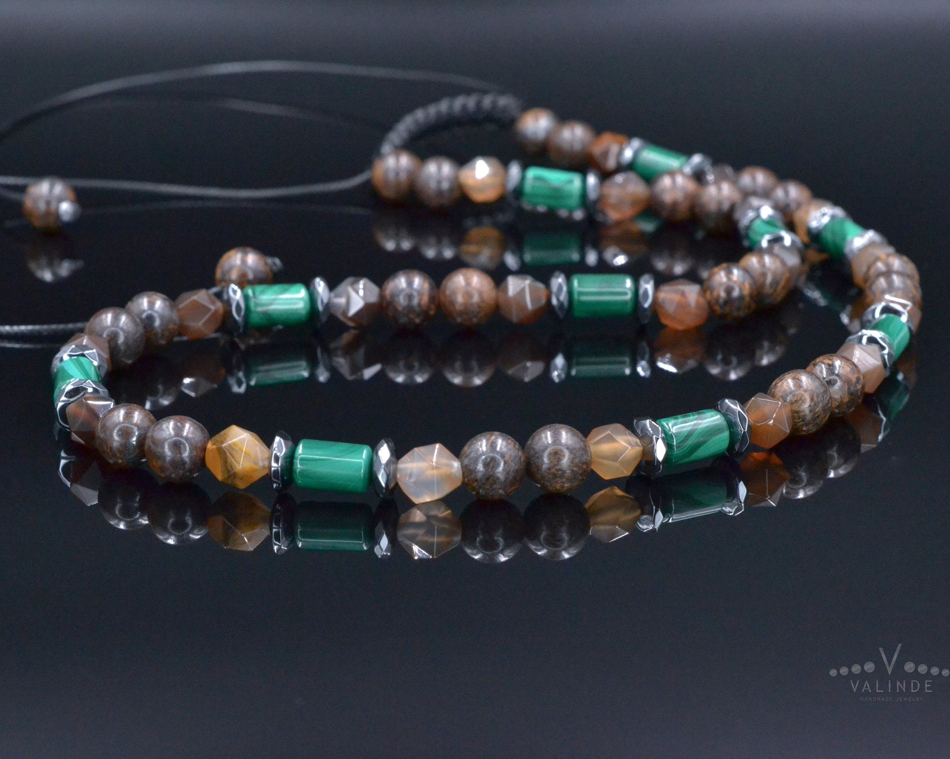 Malachite Bronzite Beaded Necklace, Men's Short Adjustable Necklace, Brown Agate Crystal Necklace, Gift for Men, Hematite Stone Necklace - Shamballa Necklace - Birthstone Necklace - Gemstone Necklace Men - Chakra Necklace - Yoga Necklace - Mantra Necklace -Macrame Necklace  - Healing Necklace - Valinde
